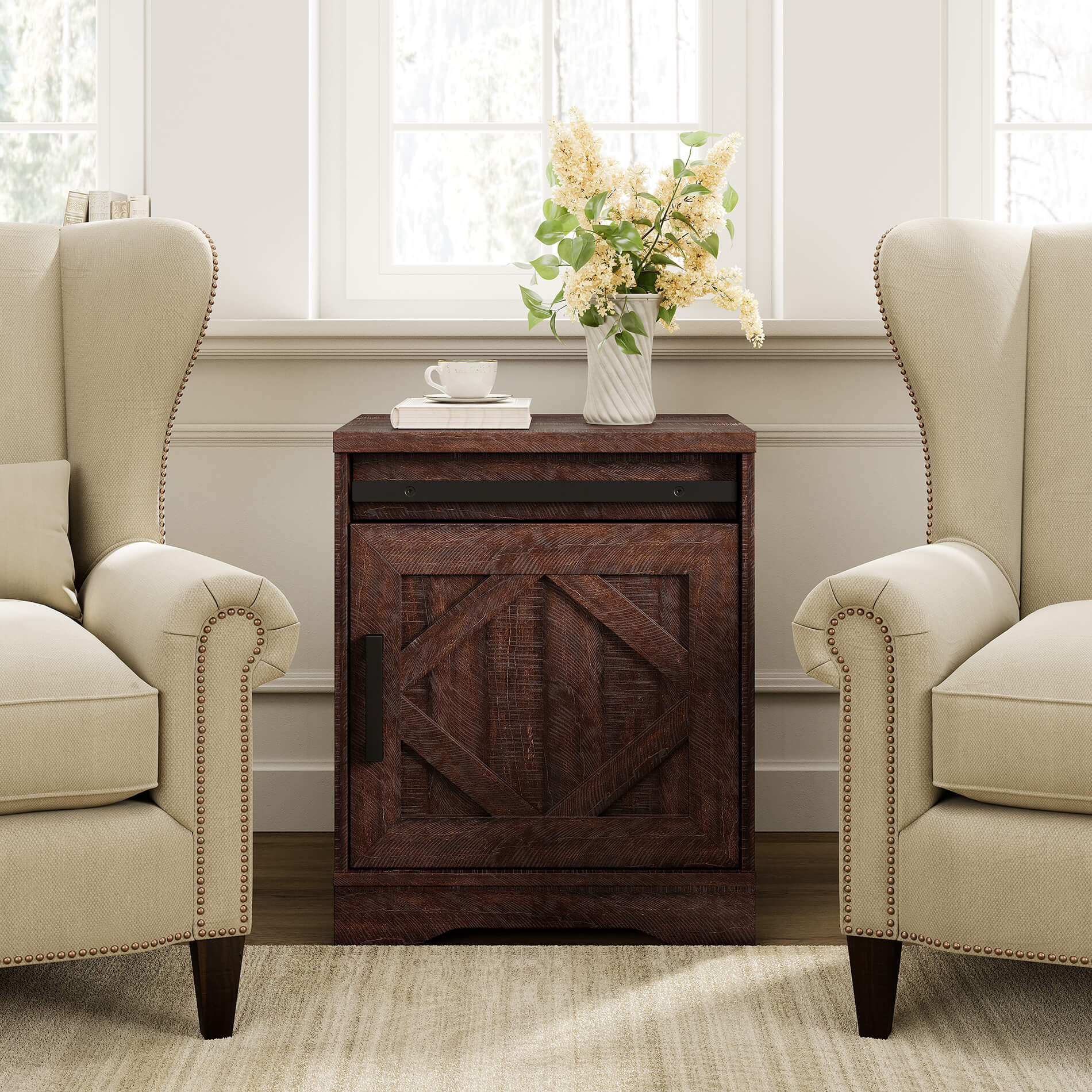 WAMPAT 19.6" End Table, Pedestal Side Table with Drawer and Cabinet Wood Bedside Table Nightstands for Living Room Bedroom, Rustic Brown