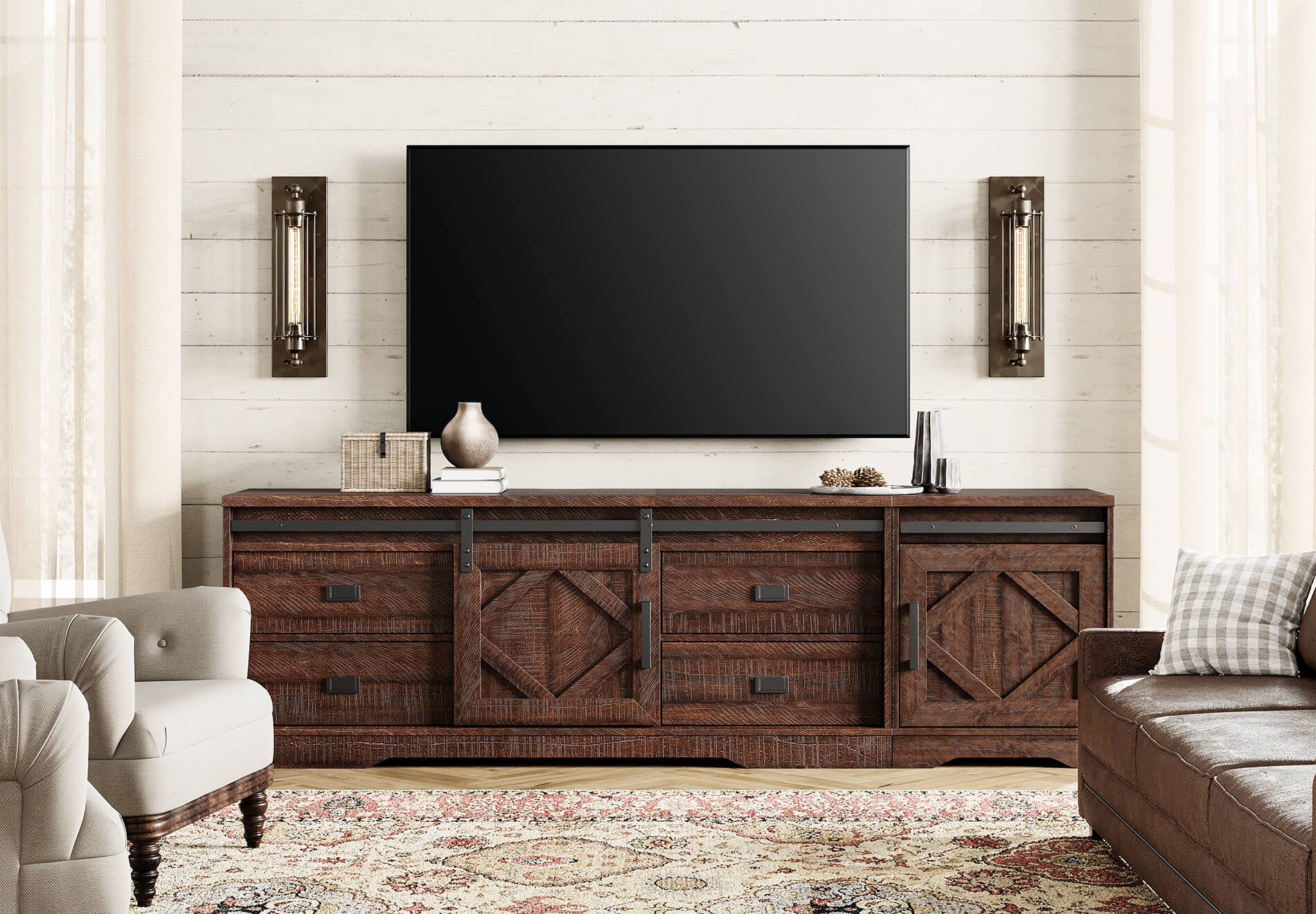 WAMPAT 79" Modern Farmhouse 2 in 1 TV Stand for up to 85" TVs Wood Entertainment Center with Drawers & Adjustable Shelf for Living Room, Rustic Brown
