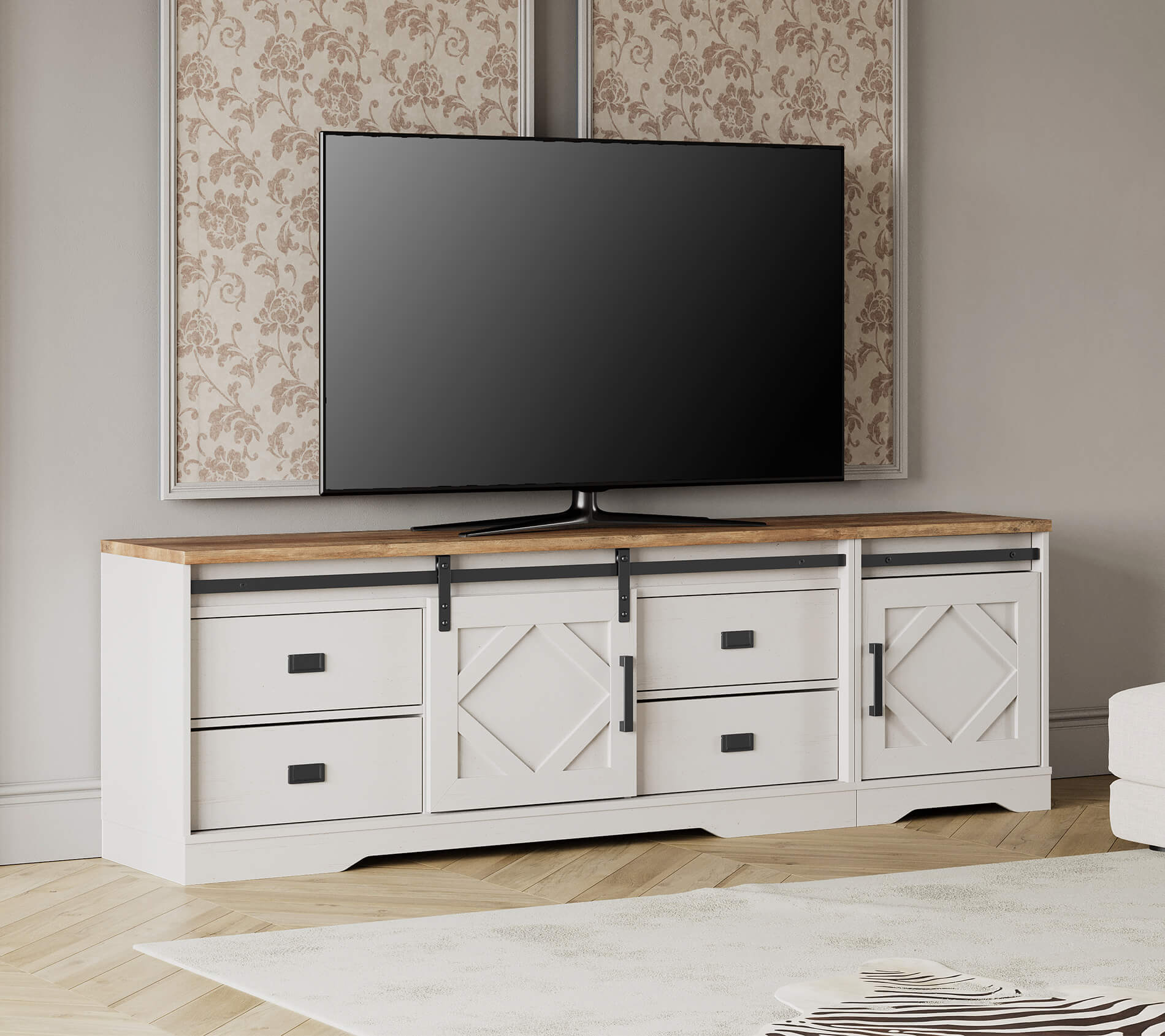 WAMPAT 79" Modern Farmhouse 2 in 1 TV Stand for up to 85" TVs Wood Entertainment Center with Drawers & Adjustable Shelf for Living Room, Cream White