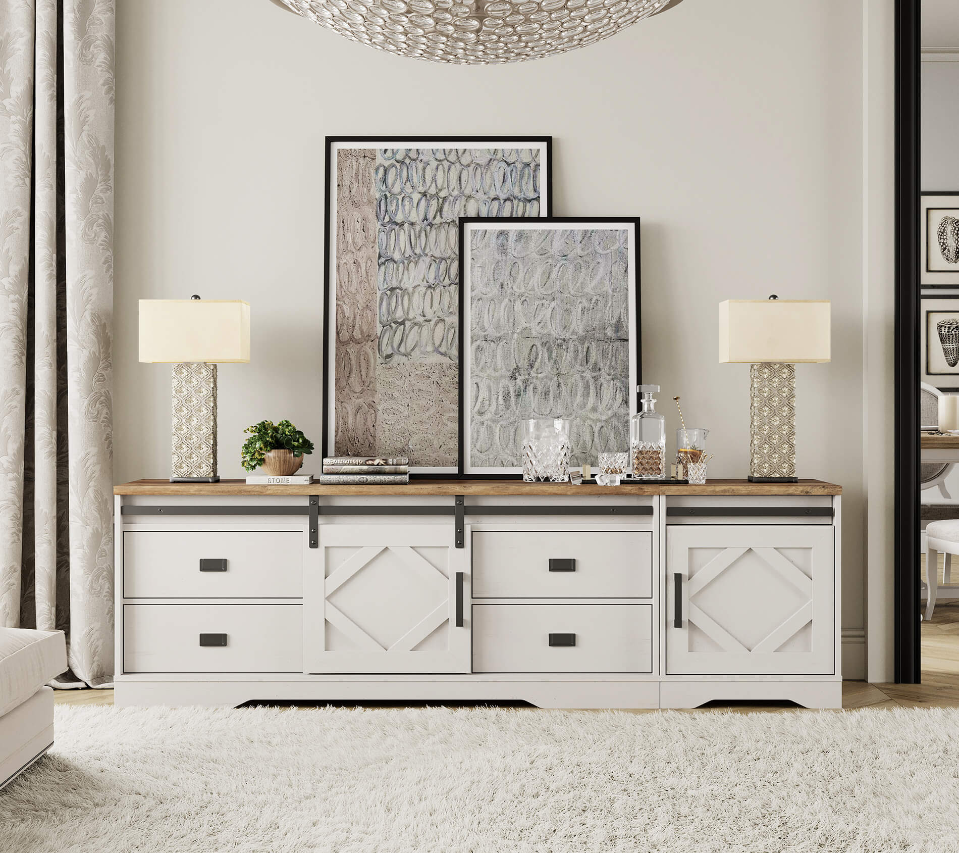 WAMPAT 79" Modern Farmhouse 2 in 1 TV Stand for up to 85" TVs Wood Entertainment Center with Drawers & Adjustable Shelf for Living Room, Cream White