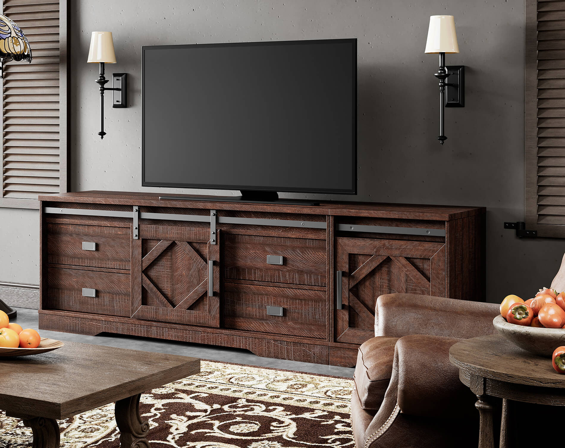 WAMPAT 79" Modern Farmhouse 2 in 1 TV Stand for up to 85" TVs Wood Entertainment Center with Drawers & Adjustable Shelf for Living Room, Rustic Brown