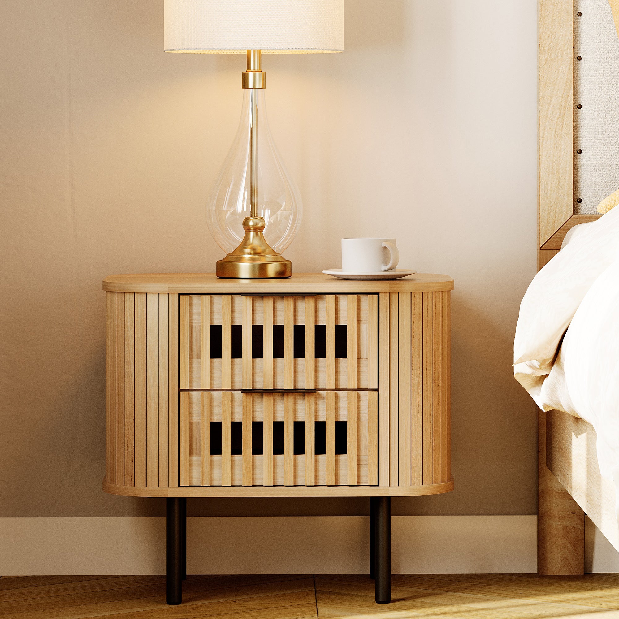 WAMPAT Fluted Nightstand with 2 Drawers, Side Table for Living Room, Modern Storage Side Table for Bedroom, Living Room, Oak