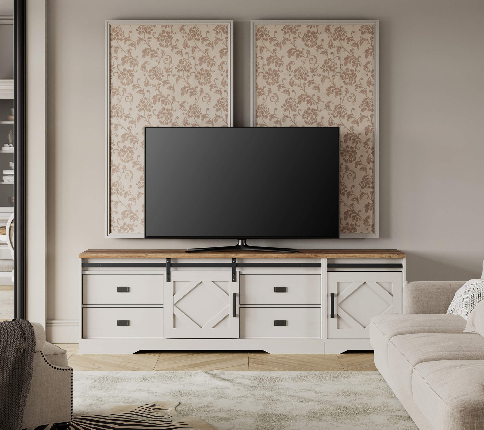 WAMPAT 79" Modern Farmhouse 2 in 1 TV Stand for up to 85" TVs Wood Entertainment Center with Drawers & Adjustable Shelf for Living Room, Cream White