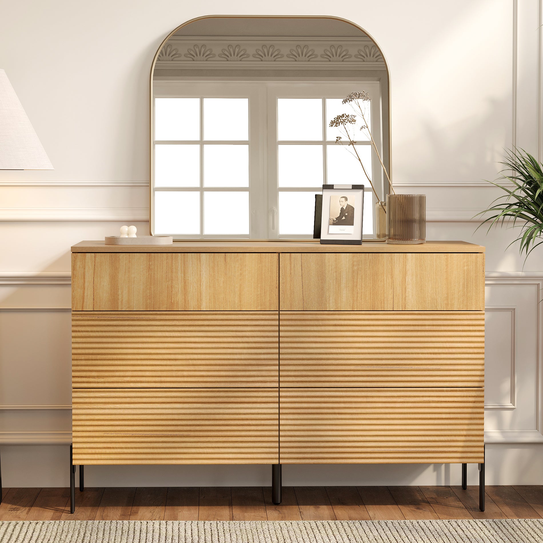 Wampat 6-Drawer Dresser for Bedroom, Modern Wood Storage Cabinet with Pop-Up Drawers, Oak
