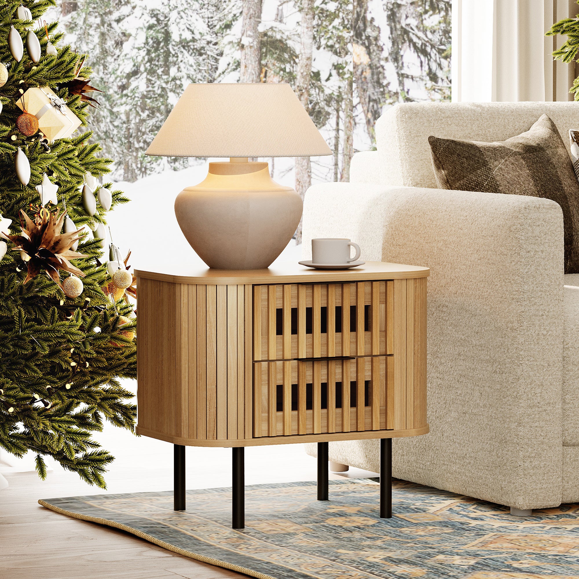 WAMPAT Fluted Nightstand with 2 Drawers, Side Table for Living Room, Modern Storage Side Table for Bedroom, Living Room, Oak