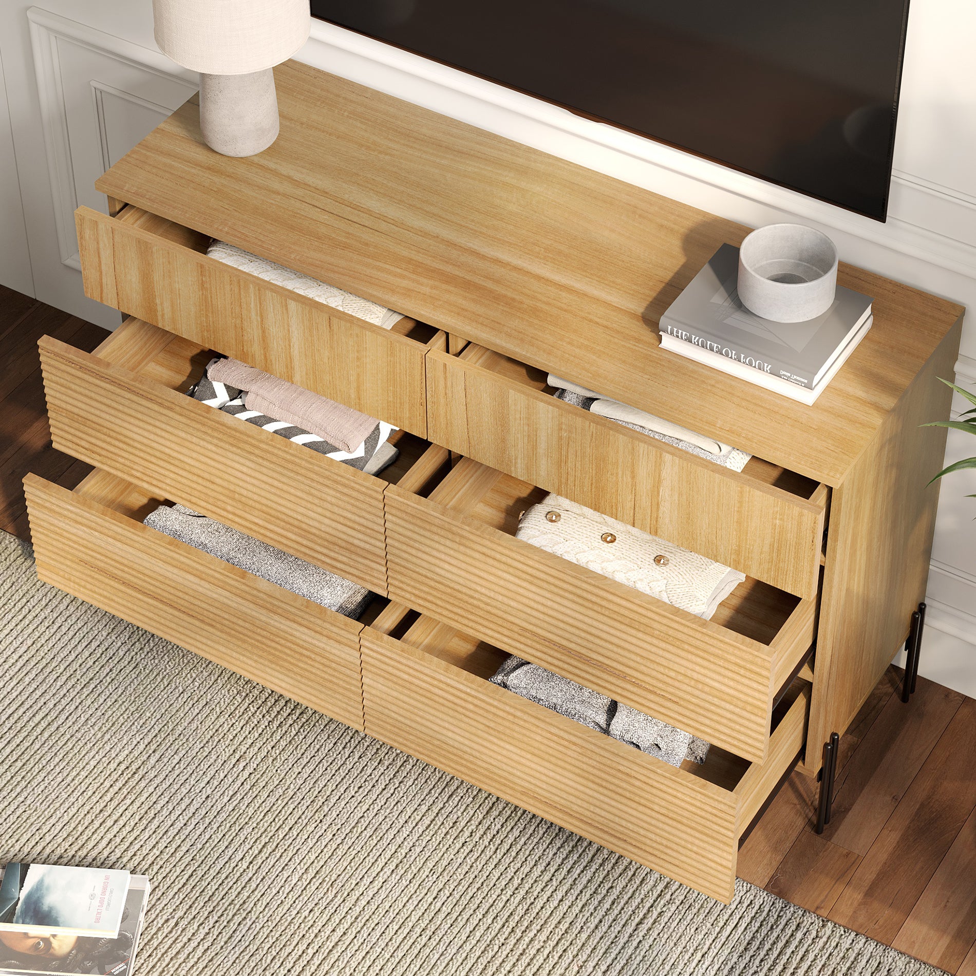 WAMPAT 6-Drawer Dresser for Bedroom, Modern Wood Storage Cabinet with Pop-up Drawers, Oak
