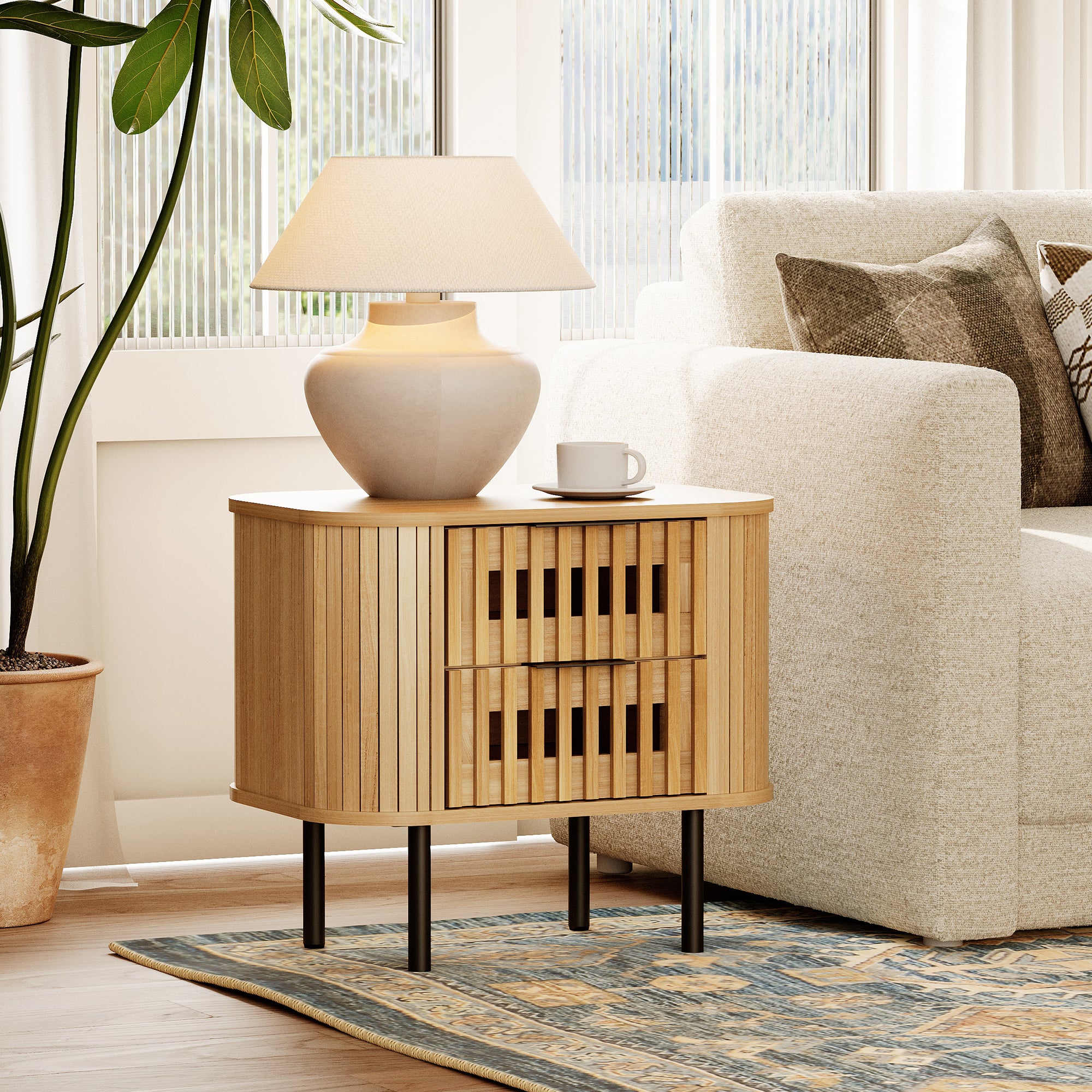 WAMPAT Fluted Nightstand with 2 Drawers, Side Table for Living Room, Modern Storage Side Table for Bedroom, Living Room, Oak