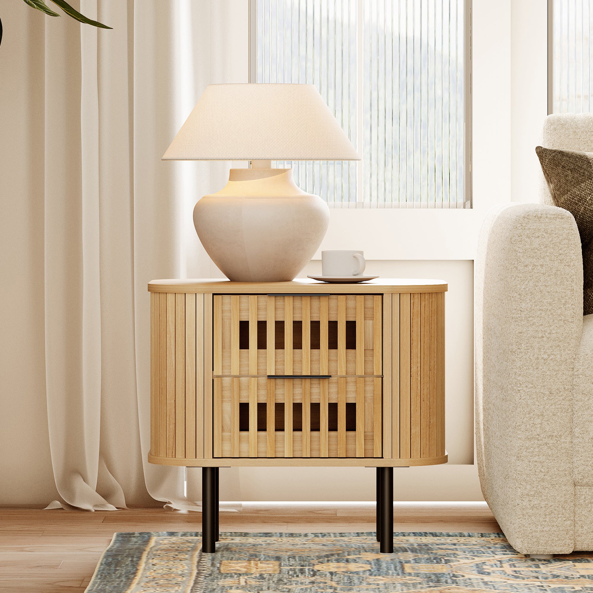 WAMPAT Fluted Nightstand with 2 Drawers, Side Table for Living Room, Modern Storage Side Table for Bedroom, Living Room, Oak