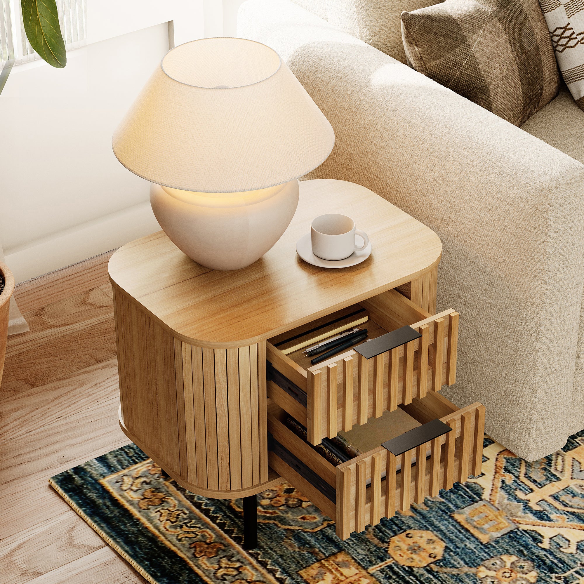 WAMPAT Fluted Nightstand with 2 Drawers, Side Table for Living Room, Modern Storage Side Table for Bedroom, Living Room, Oak