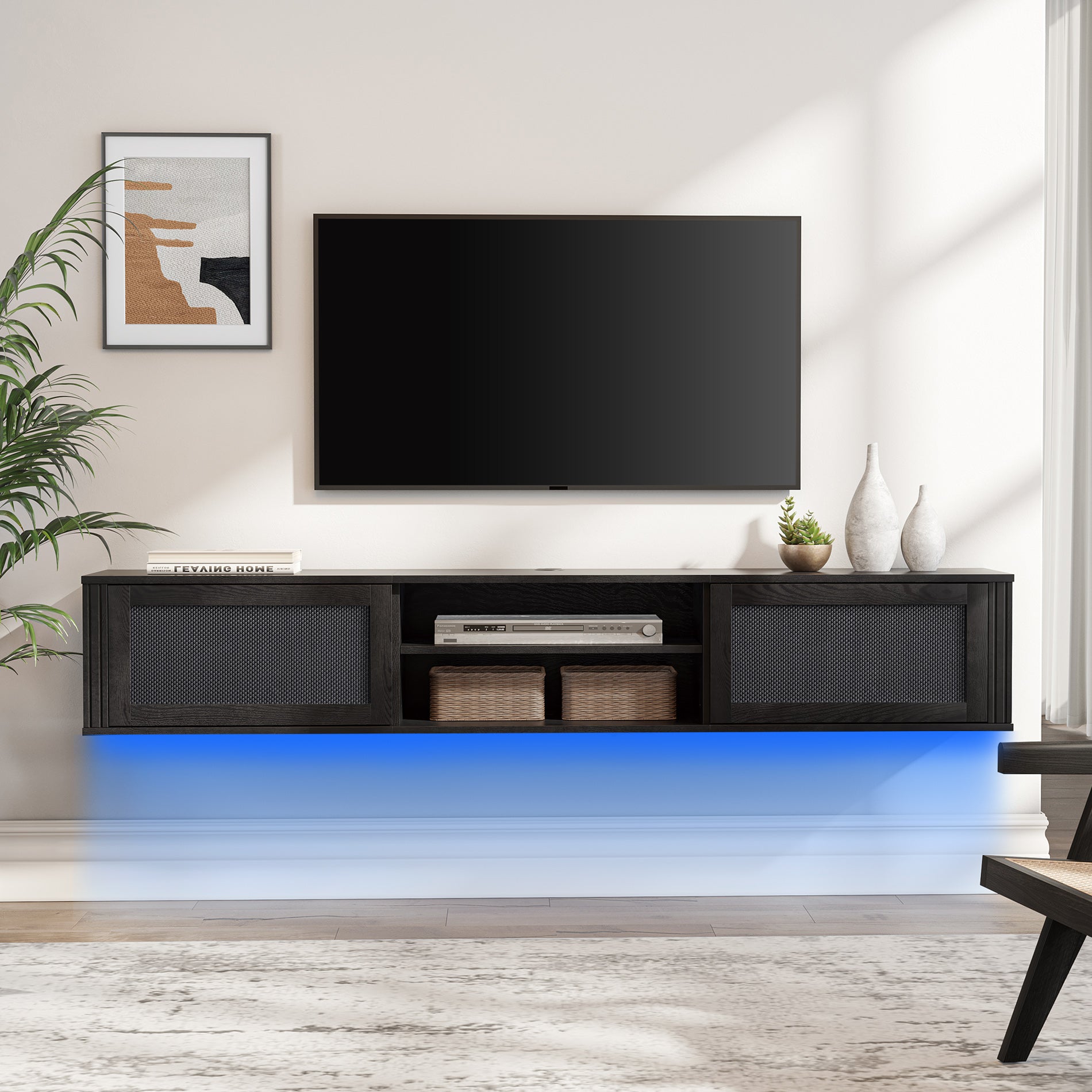 Wampat 2-Tier Floating TV Stand for 80" TVs, Wall Mounted Media Console Entertainment Center with Power Outlet, Floating TV Shelf for Living Room, Black