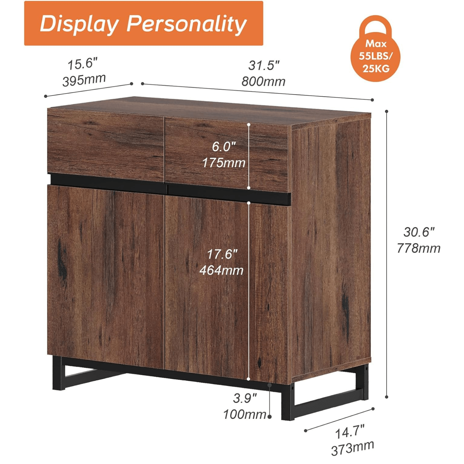WAMPAT Storage Cabinet, Modern Sideboard with Adjustable Shelf & Metal Base, Coffee Bar Cabinet for Living Room, Brown