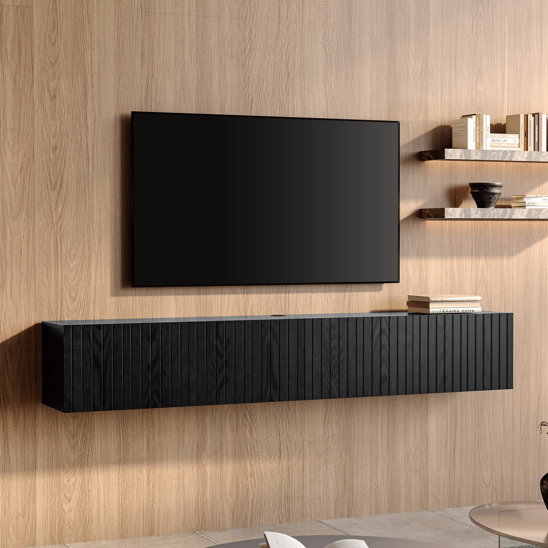 WAMPAT Floating TV Stand for TVs up to 80 inch, Modern Floating Entertainment Center with 3 Fluted Flip-Down Doors, Wall Mounted TV Shelf for Living Room, Bedroom, Black