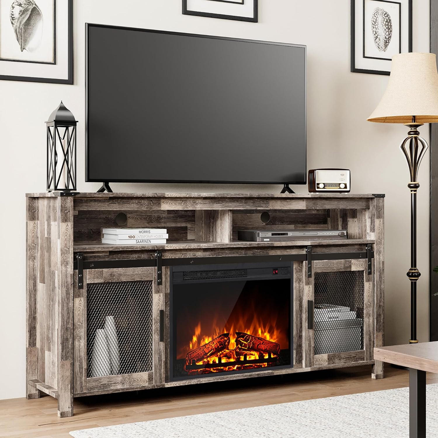 WAMPAT Fireplace TV Stand for 65+ Inch TV, Farmhouse Highboy Entertainment Center with 23" Electric Fireplace