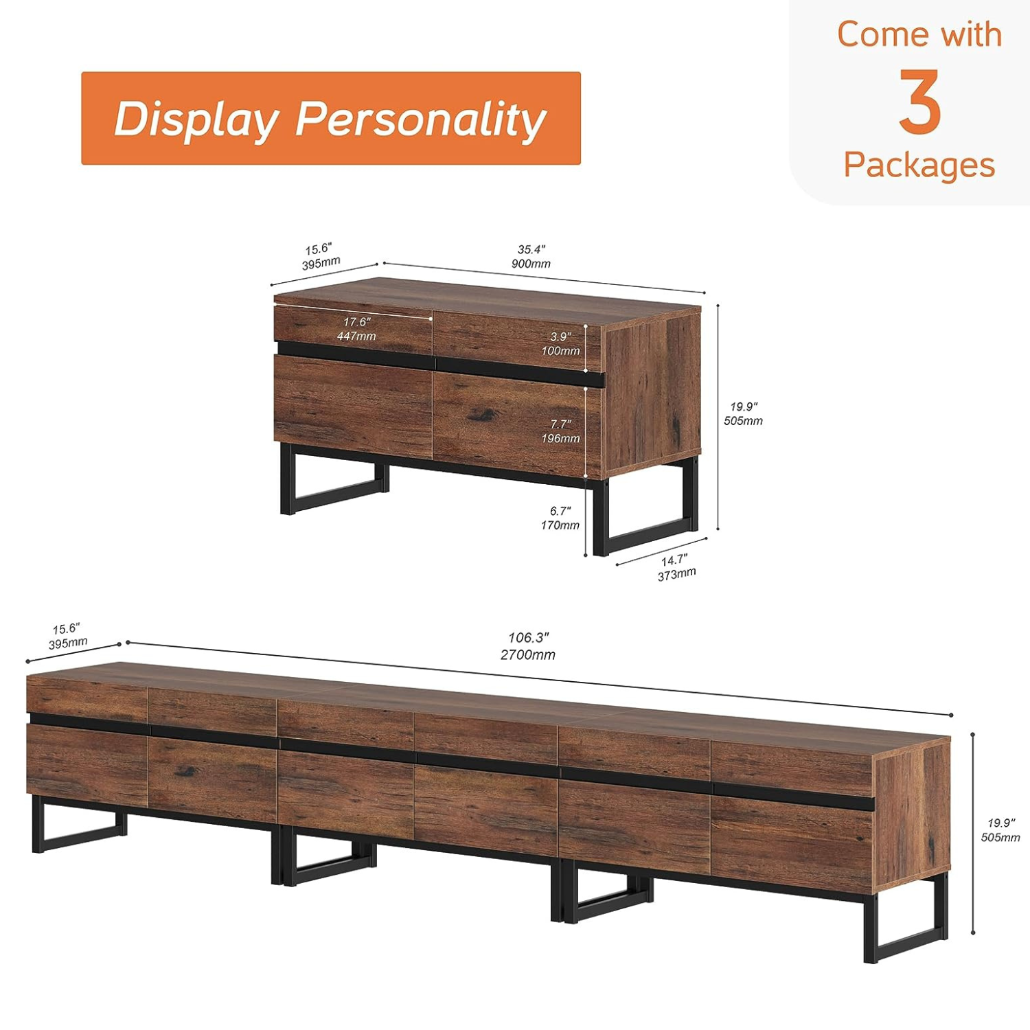 WAMPAT Modern TV Stand for TVs up to 110 inch, 3 in 1 Entertainment Center TV Console with Storage Space, Media Console for Living Room, Brown