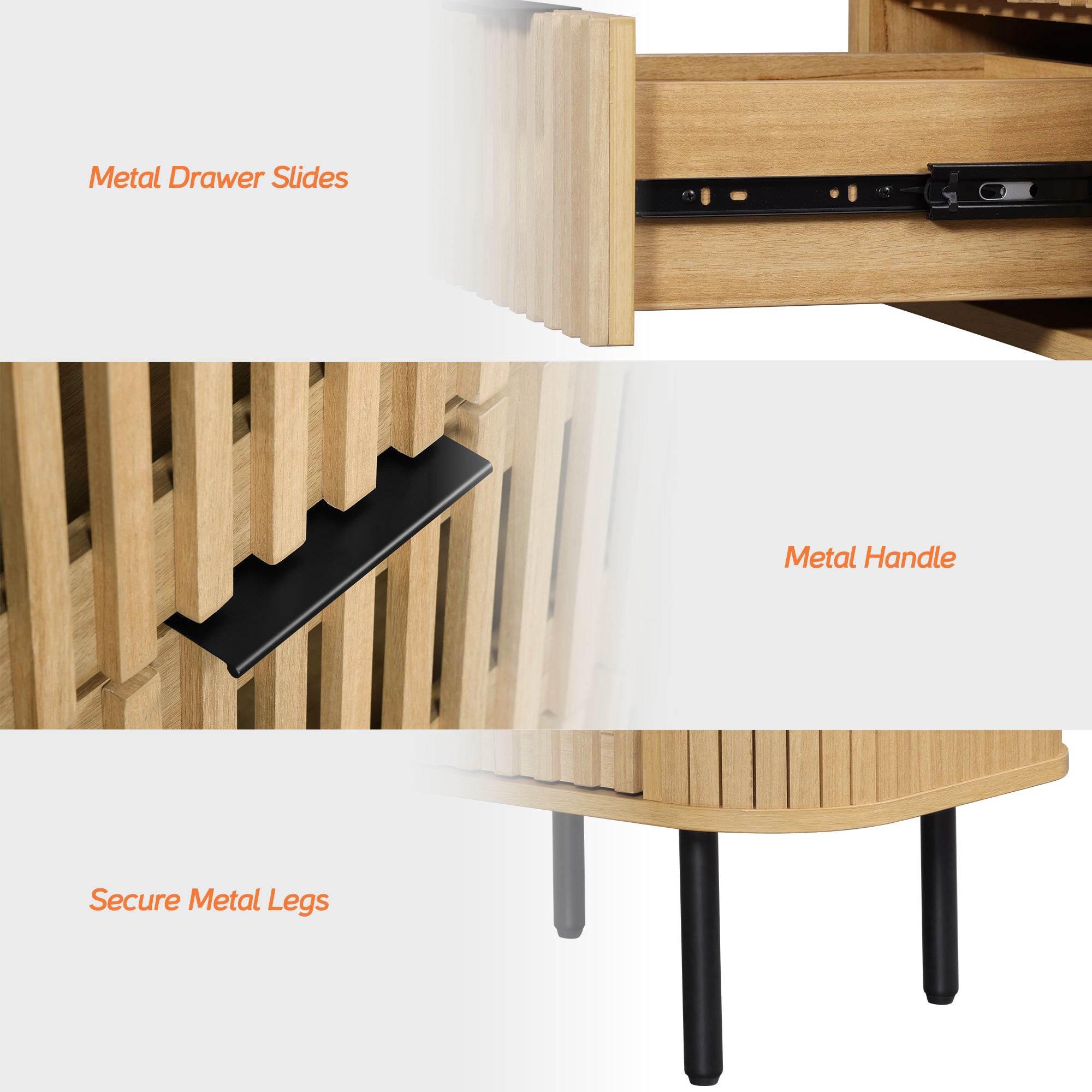 WAMPAT Fluted Nightstand with 2 Drawers, Side Table for Living Room, Modern Storage Side Table for Bedroom, Living Room, Oak