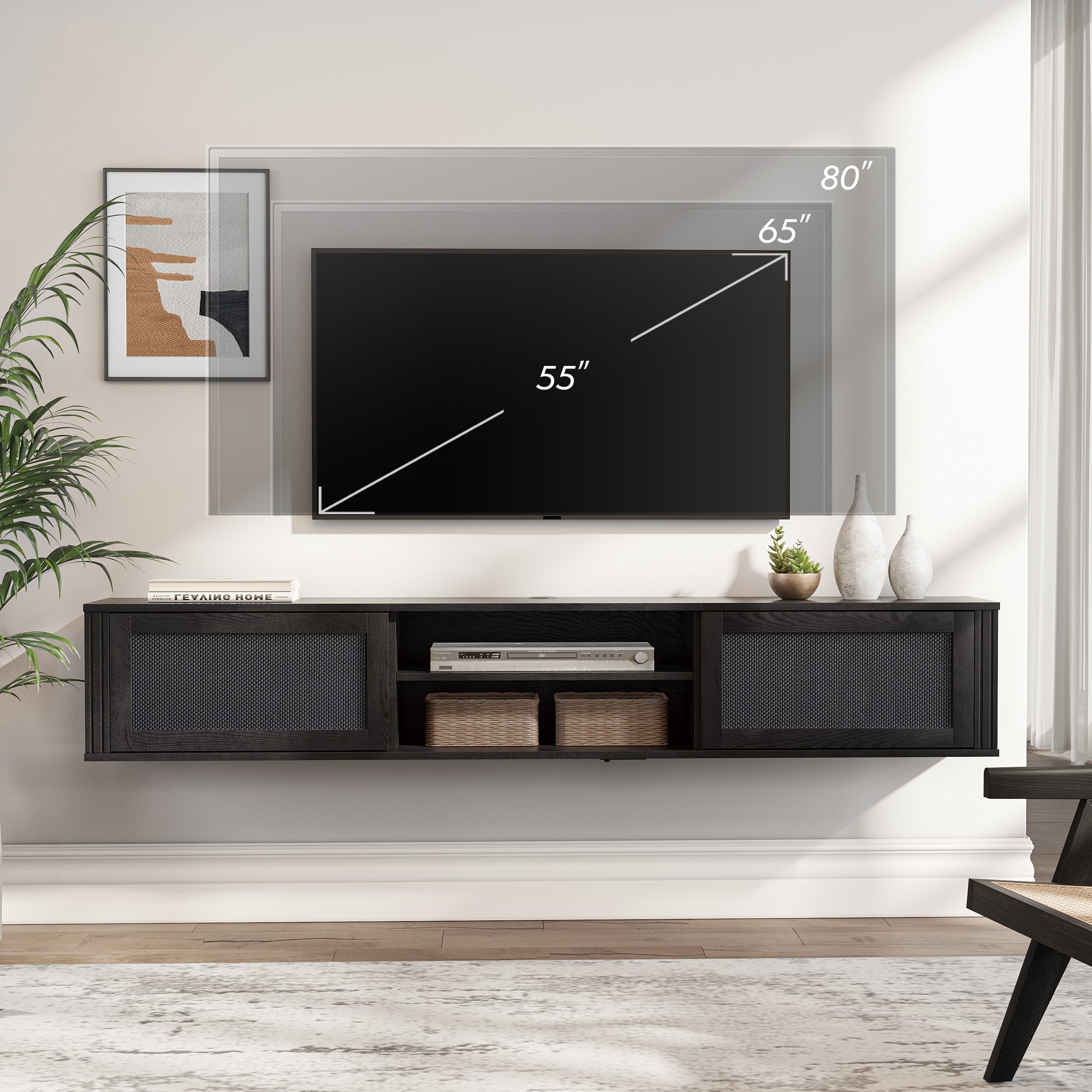 Wampat 2-Tier Floating TV Stand for 80" TVs, Wall Mounted Media Console Entertainment Center with Power Outlet, Floating TV Shelf for Living Room, Black