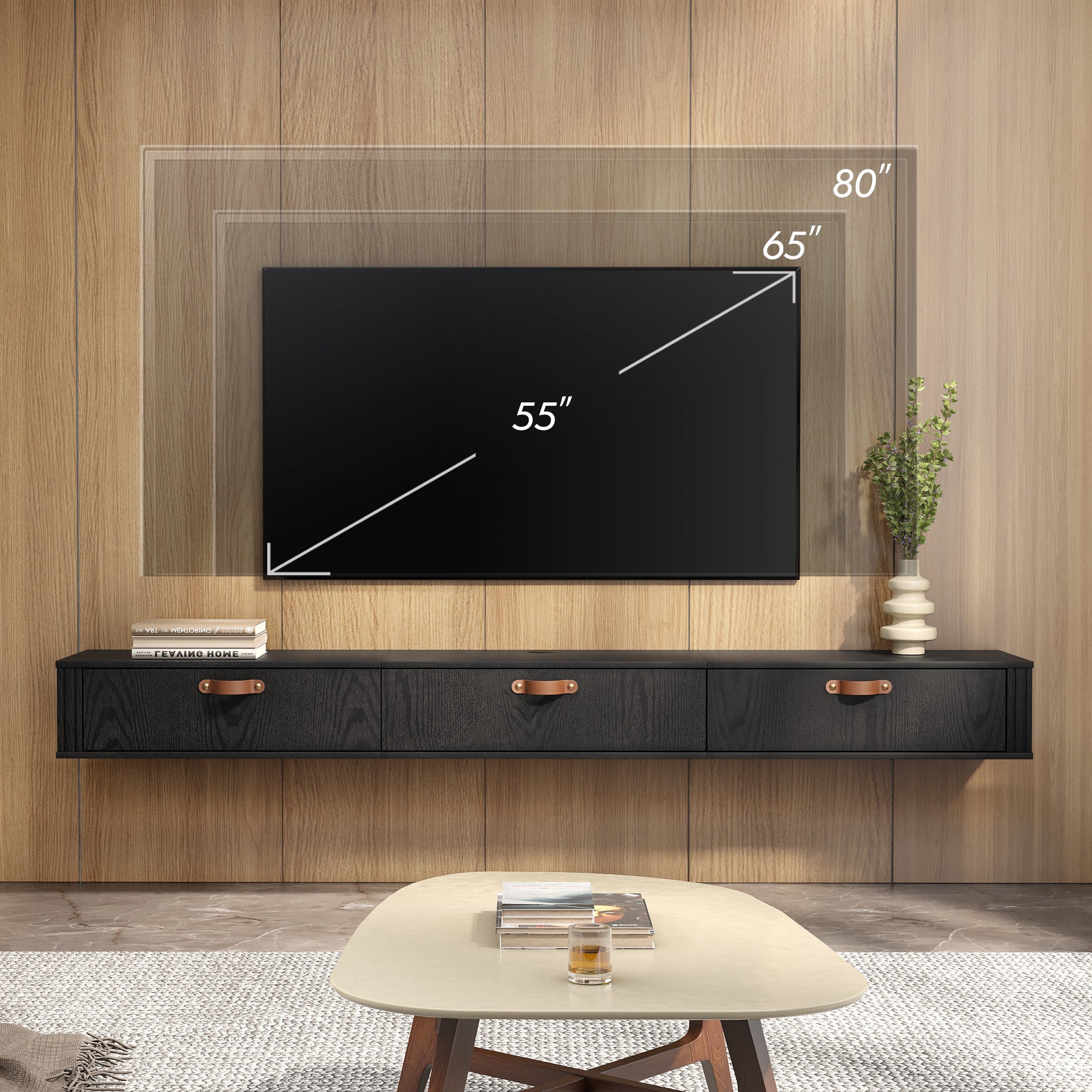 Wampat Floating TV Stand for 80" TVs, Wall Mounted Media Console Entertainment Center with Cabinet, Floating TV Shelf for Living Room, Black