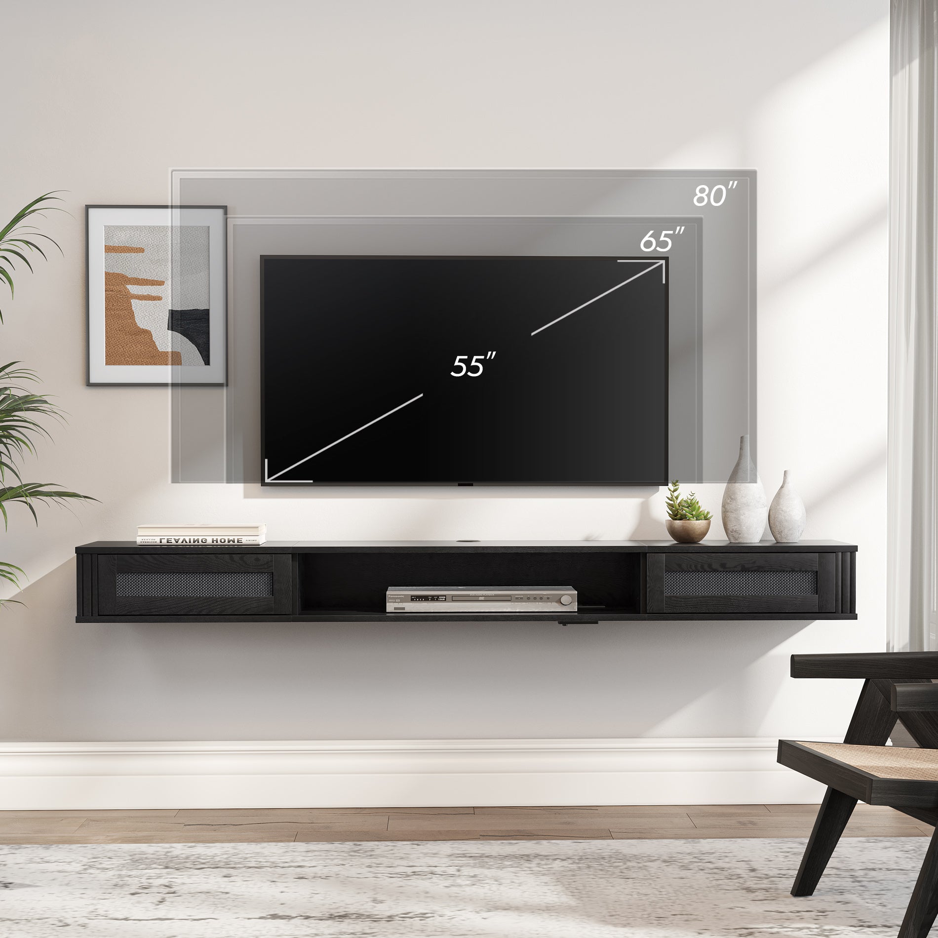 Wampat 69" Floating TV Stand for 75" TVs, Wall Mounted Entertainment Center for Living Room, Black