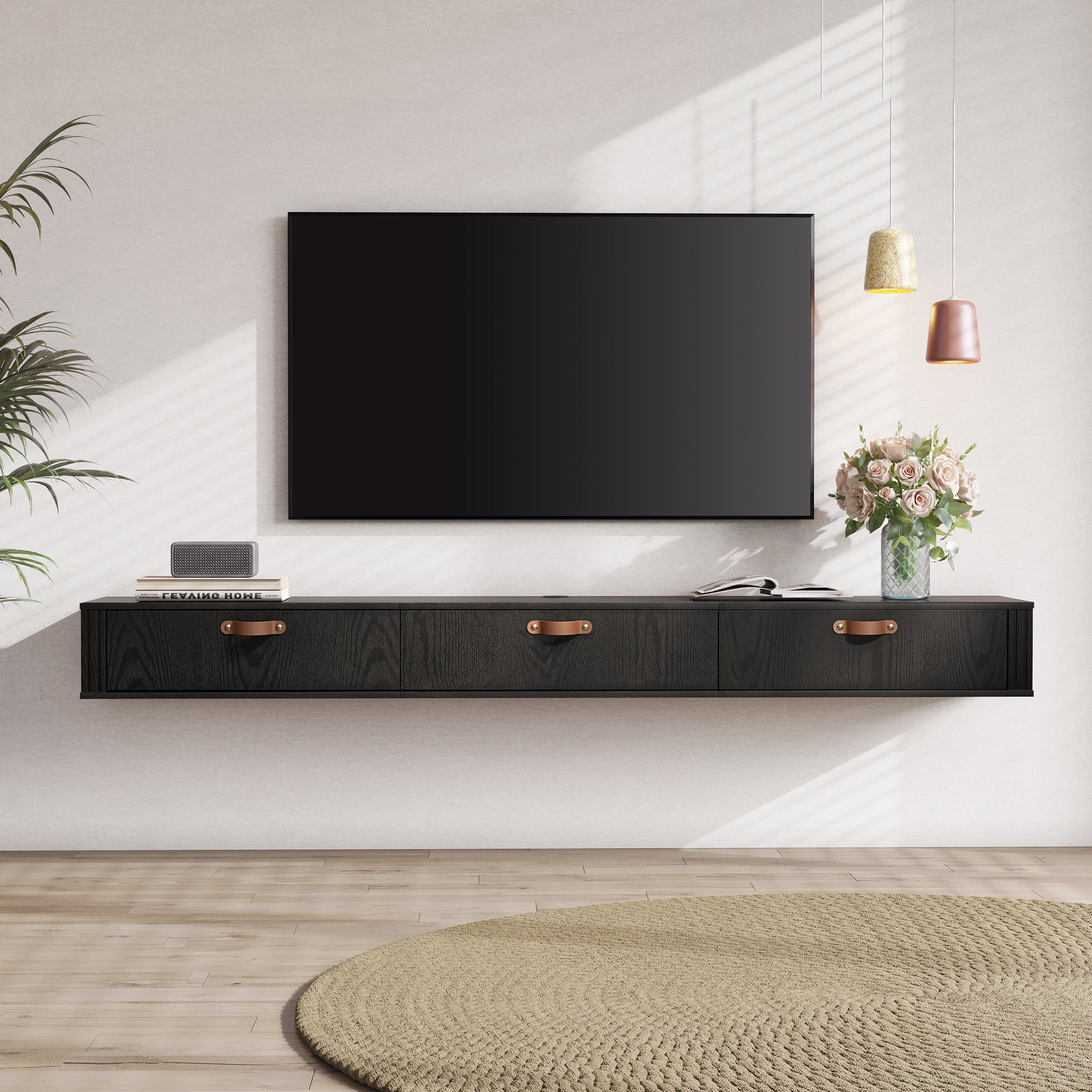 Wampat Floating TV Stand for 80" TVs, Wall Mounted Media Console Entertainment Center with Cabinet, Floating TV Shelf for Living Room, Black