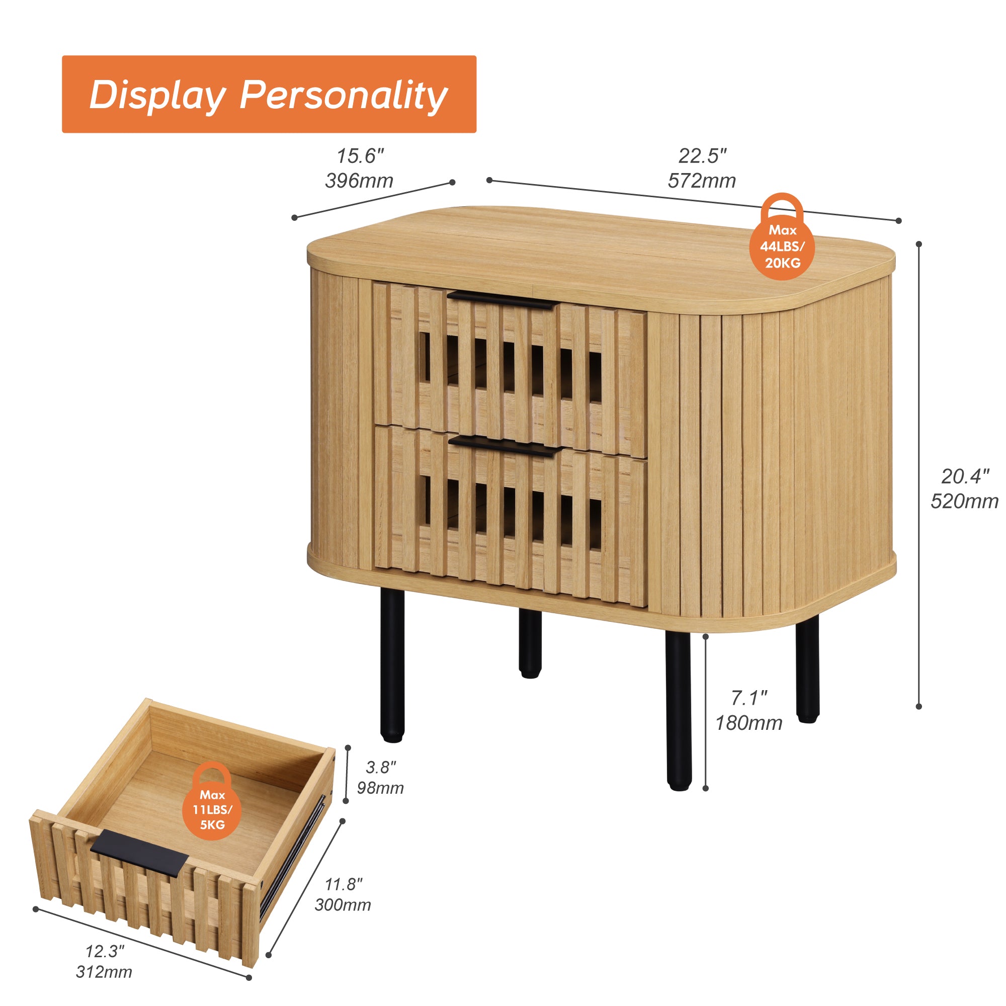 WAMPAT Fluted Nightstand with 2 Drawers, Side Table for Living Room, Modern Storage Side Table for Bedroom, Living Room, Oak