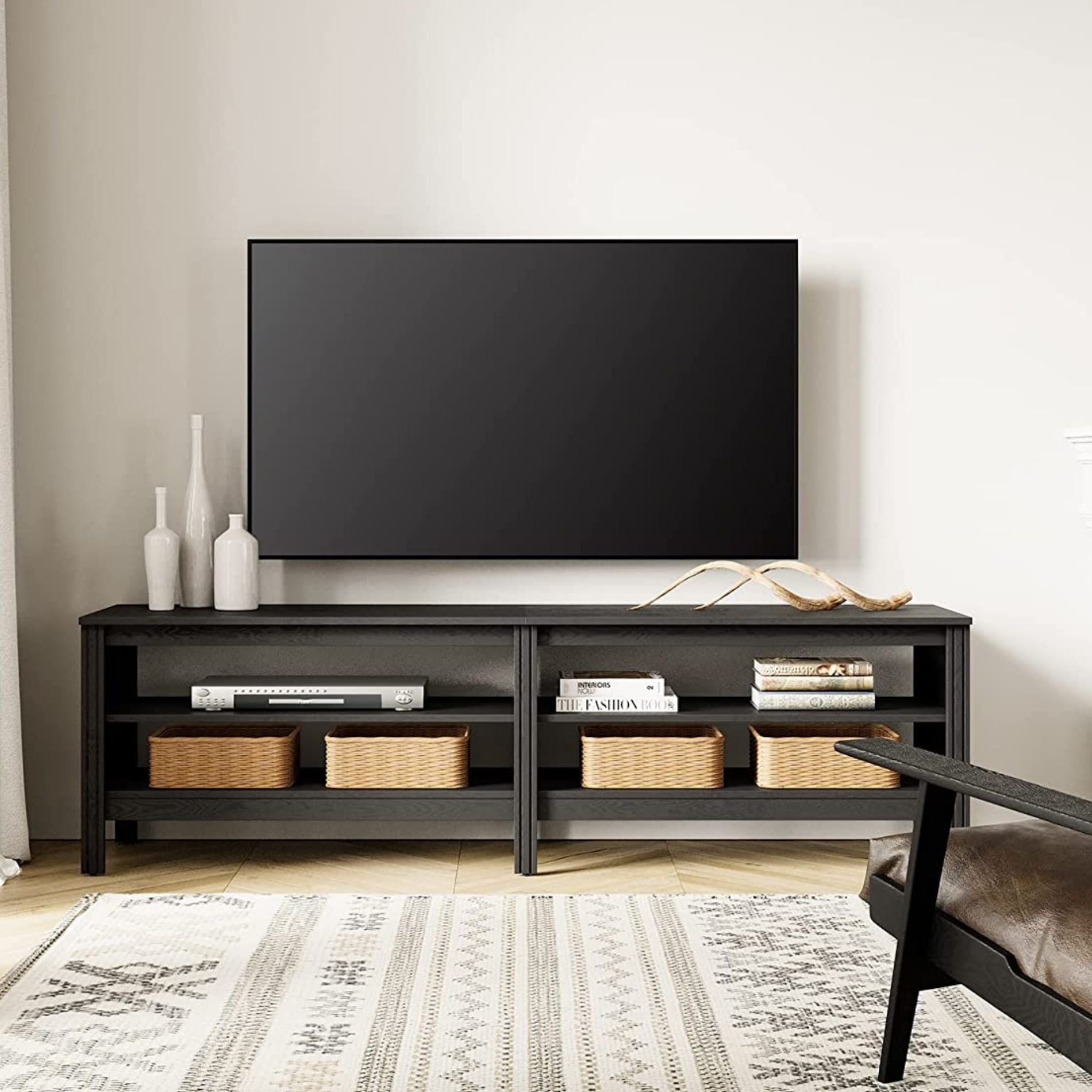 WAMPAT 70" TV Stand for 75 Inch TV Entertainment Center, Black Wood TV Console Media Table with 4 Cubby Storage