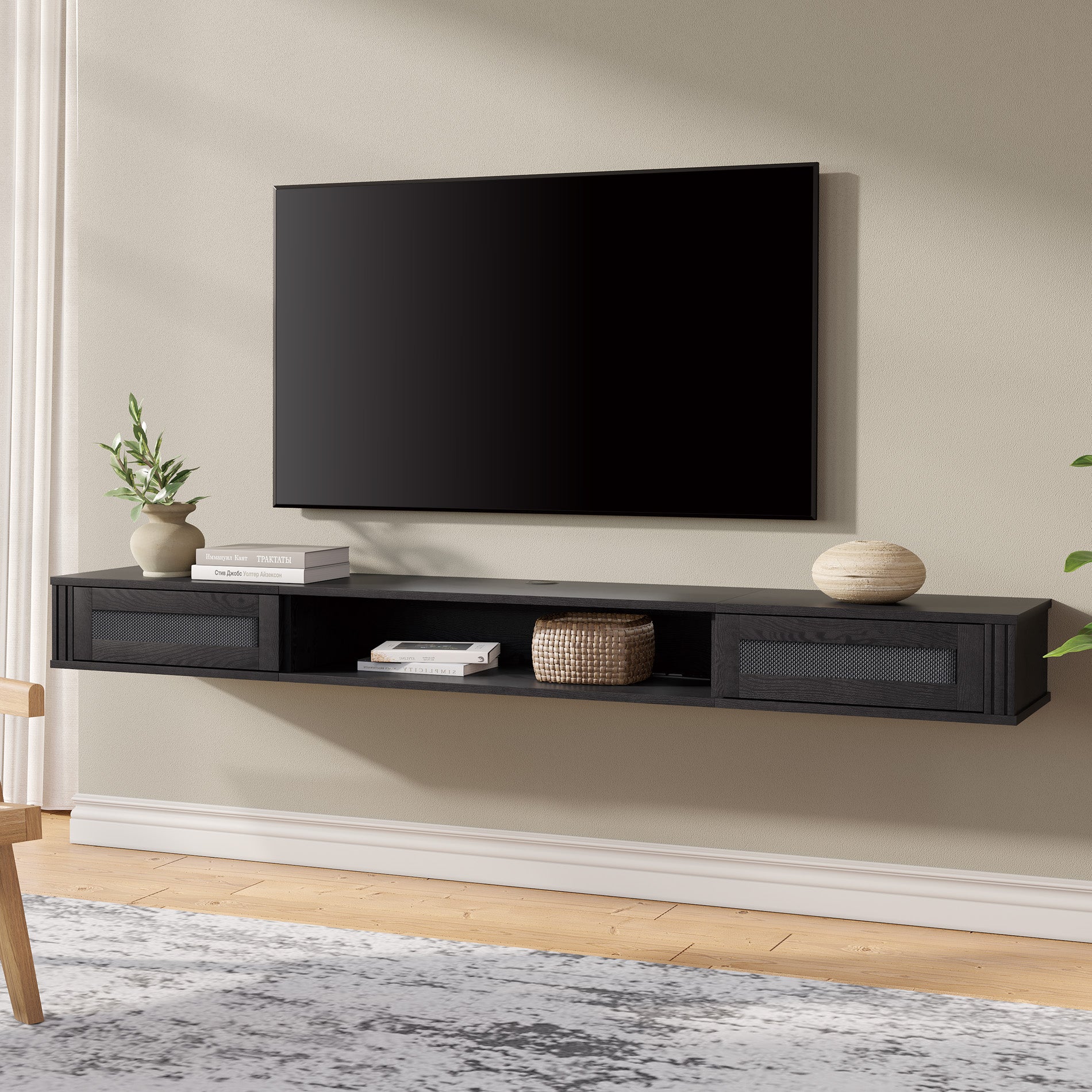 Wampat 69" Floating TV Stand for 75" TVs, Wall Mounted Entertainment Center for Living Room, Black