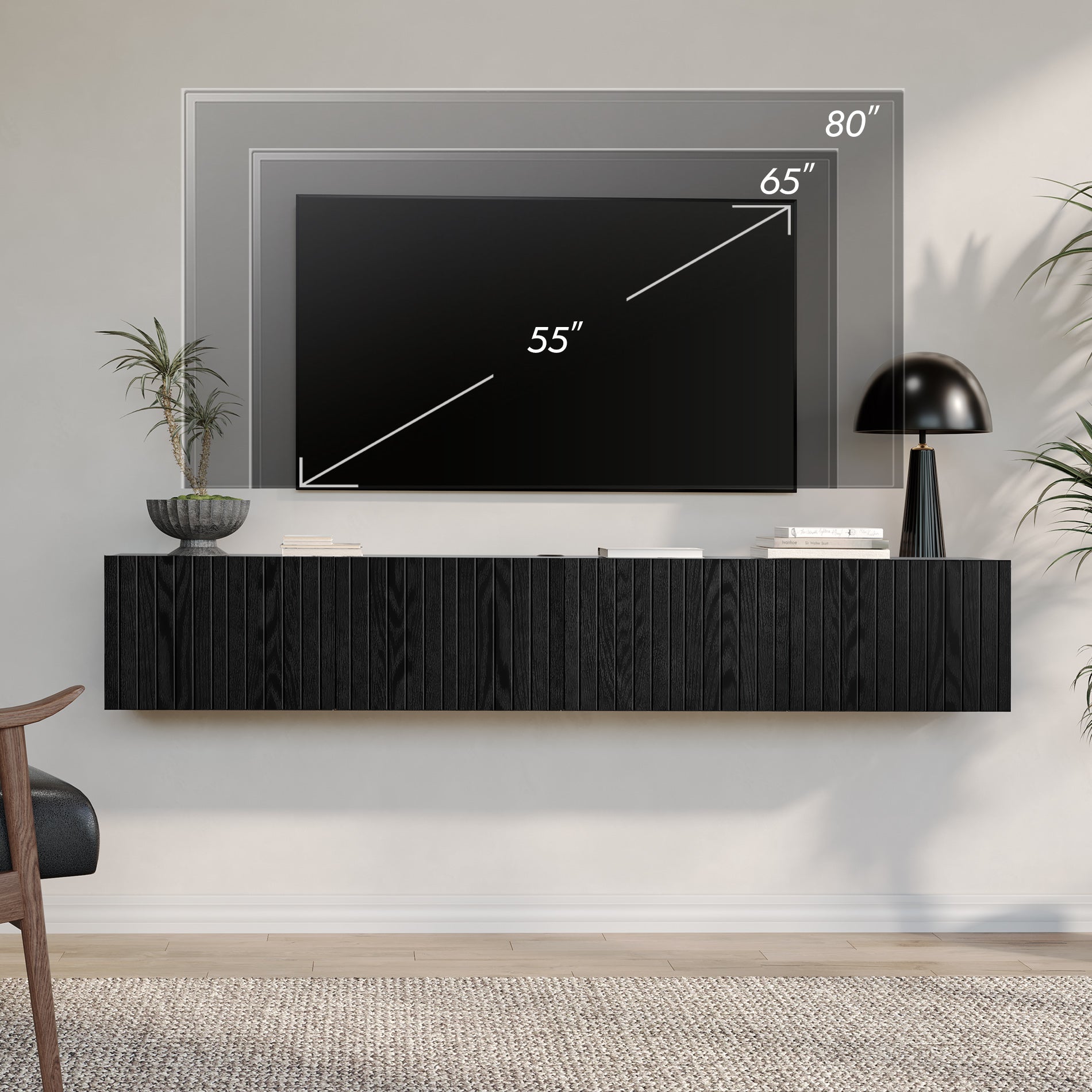 WAMPAT Floating TV Stand for TVs up to 80 inch, Modern Floating Entertainment Center with 3 Fluted Flip-Down Doors, Wall Mounted TV Shelf for Living Room, Bedroom, Black