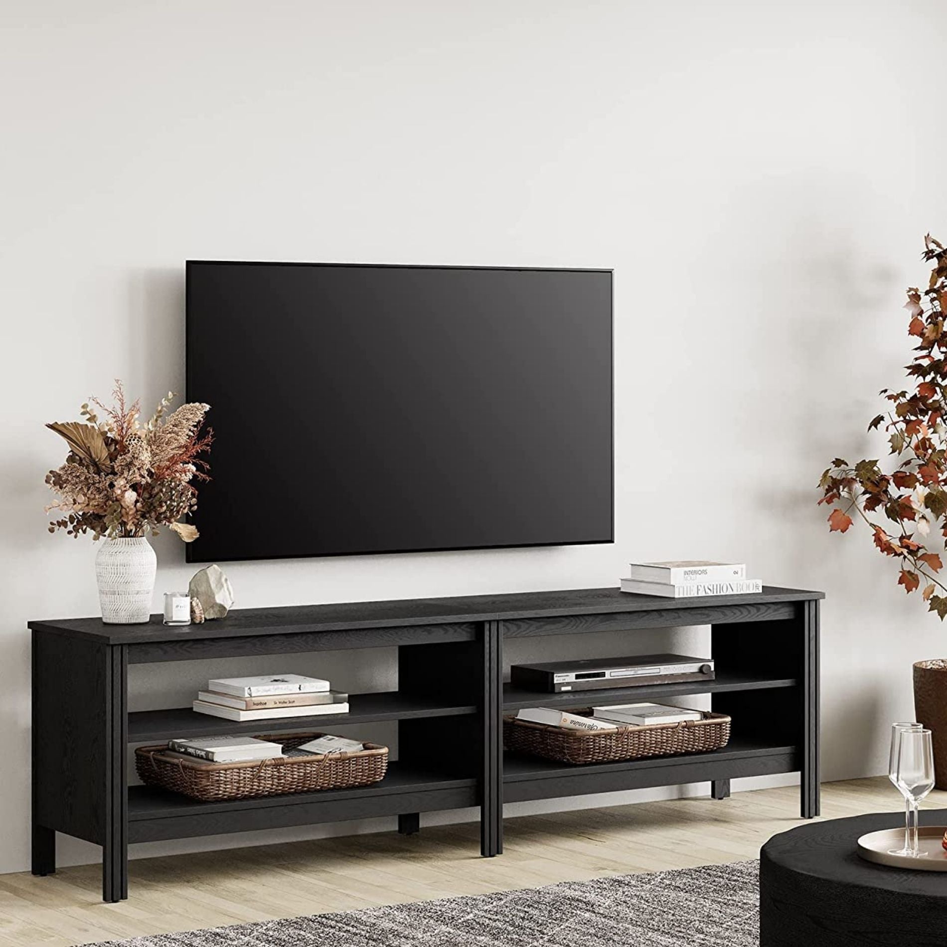 WAMPAT 70" TV Stand for 75 Inch TV Entertainment Center, Black Wood TV Console Media Table with 4 Cubby Storage