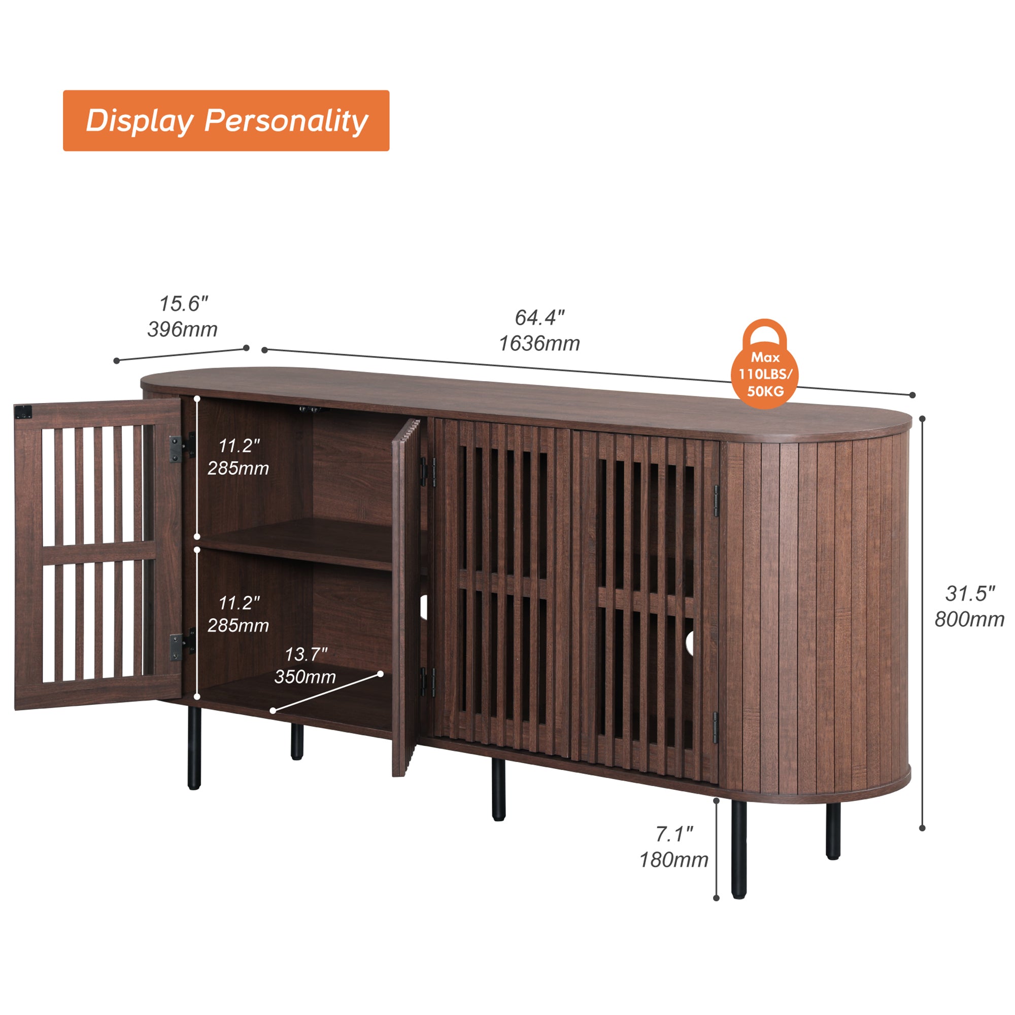 WAMPAT 64" Kitchen Buffet Sideboard Cabinet, Coffee Bar Storage Cabinet with Pop-up Doors, Walnut