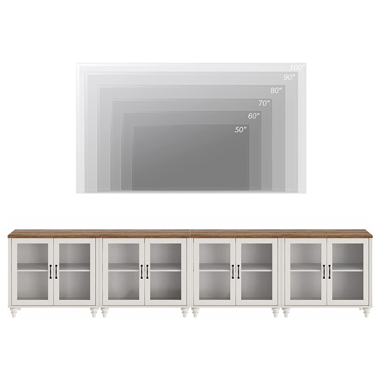 WAMPAT Large LED TV Stand for 75/80/85/90/100 Inch TV, 4-in-1 Kitchen Buffet Cabinet with Glass Door for Dining Room & Living Room, Off White