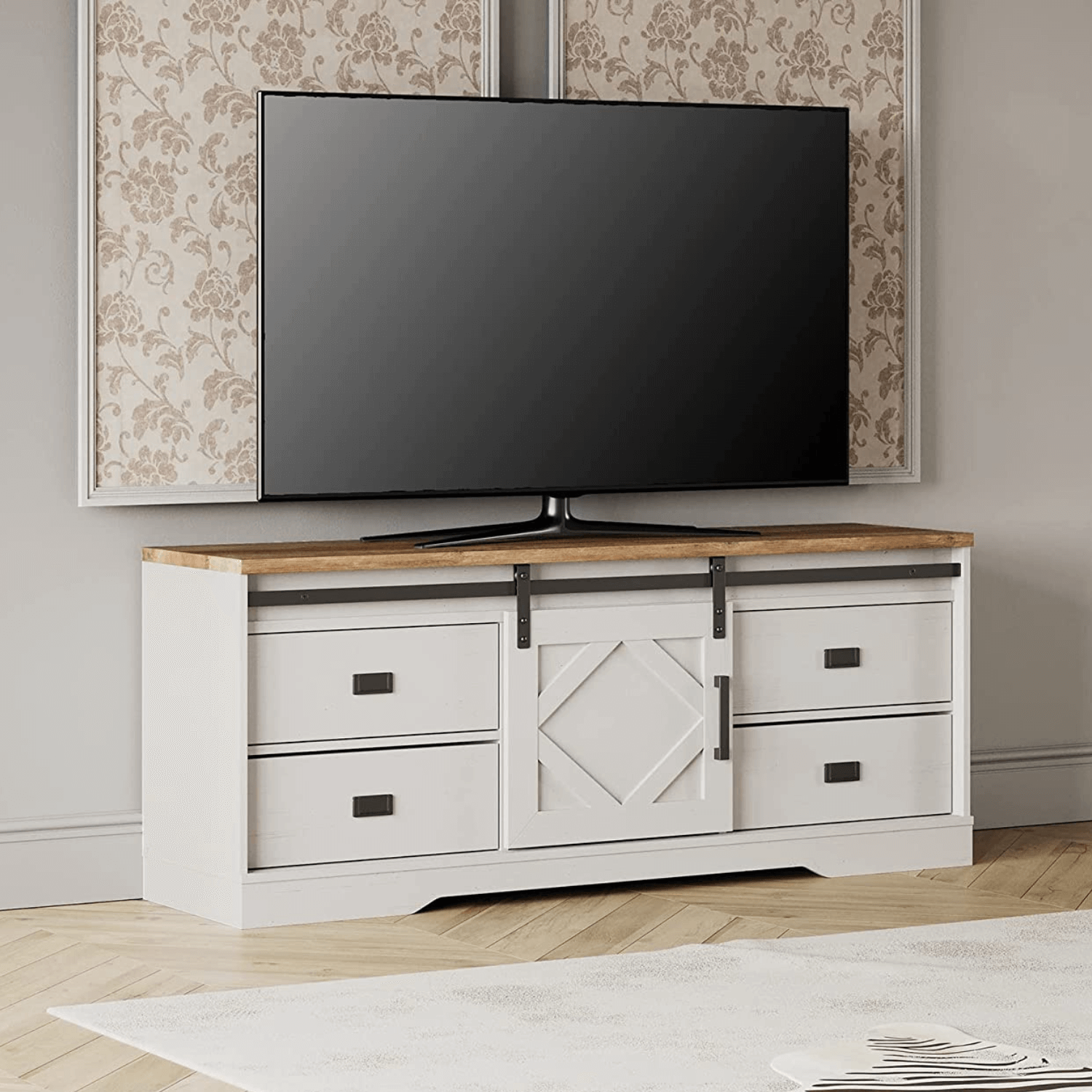 WAMPAT 59" Modern Farmhouse TV Stand for up to 65" TVs Wood Entertainment Center with Drawers & Adjustable Shelf for Living Room, Cream White