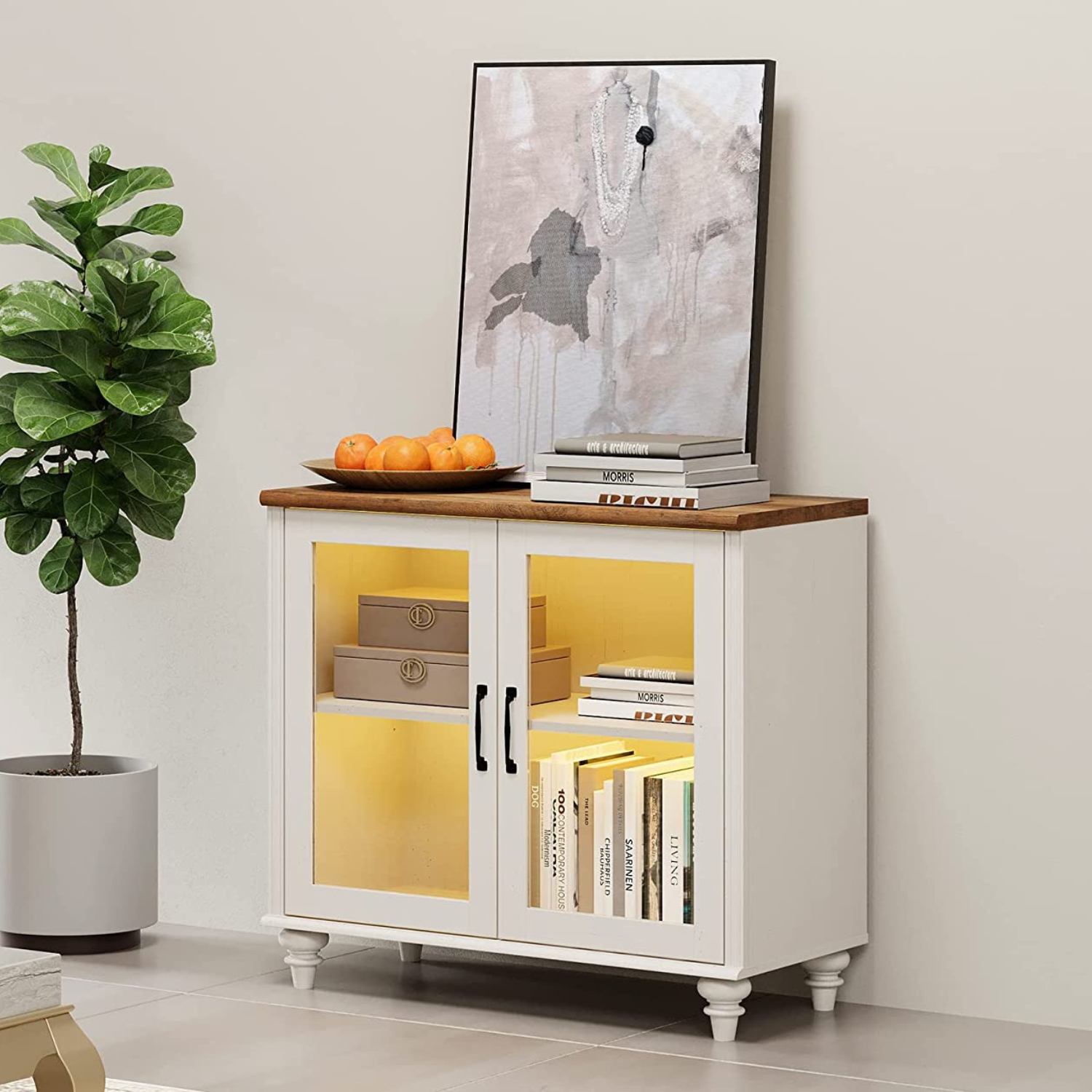 WAMPAT 34" TV Stand for 43 Inch TV with Yellow LED Light, Kitchen Sideboard Buffet Cabinet with Glass Door for Dining Room, Off White