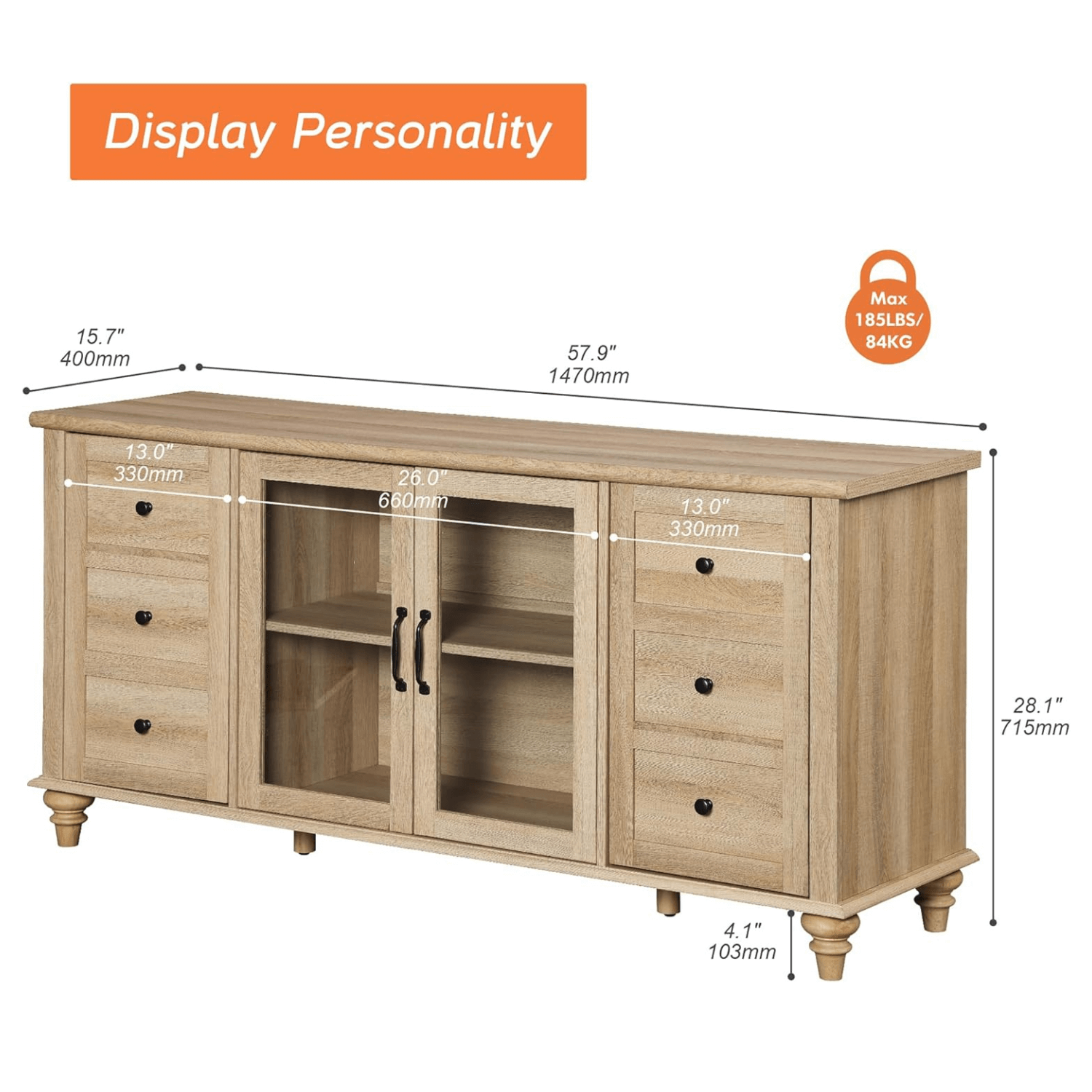 WAMPAT Sideboard Buffet Cabinets with Glass Door, Kitchen Storage Cabinets, Wood Coffee Bar Tables, Living Room, Oak
