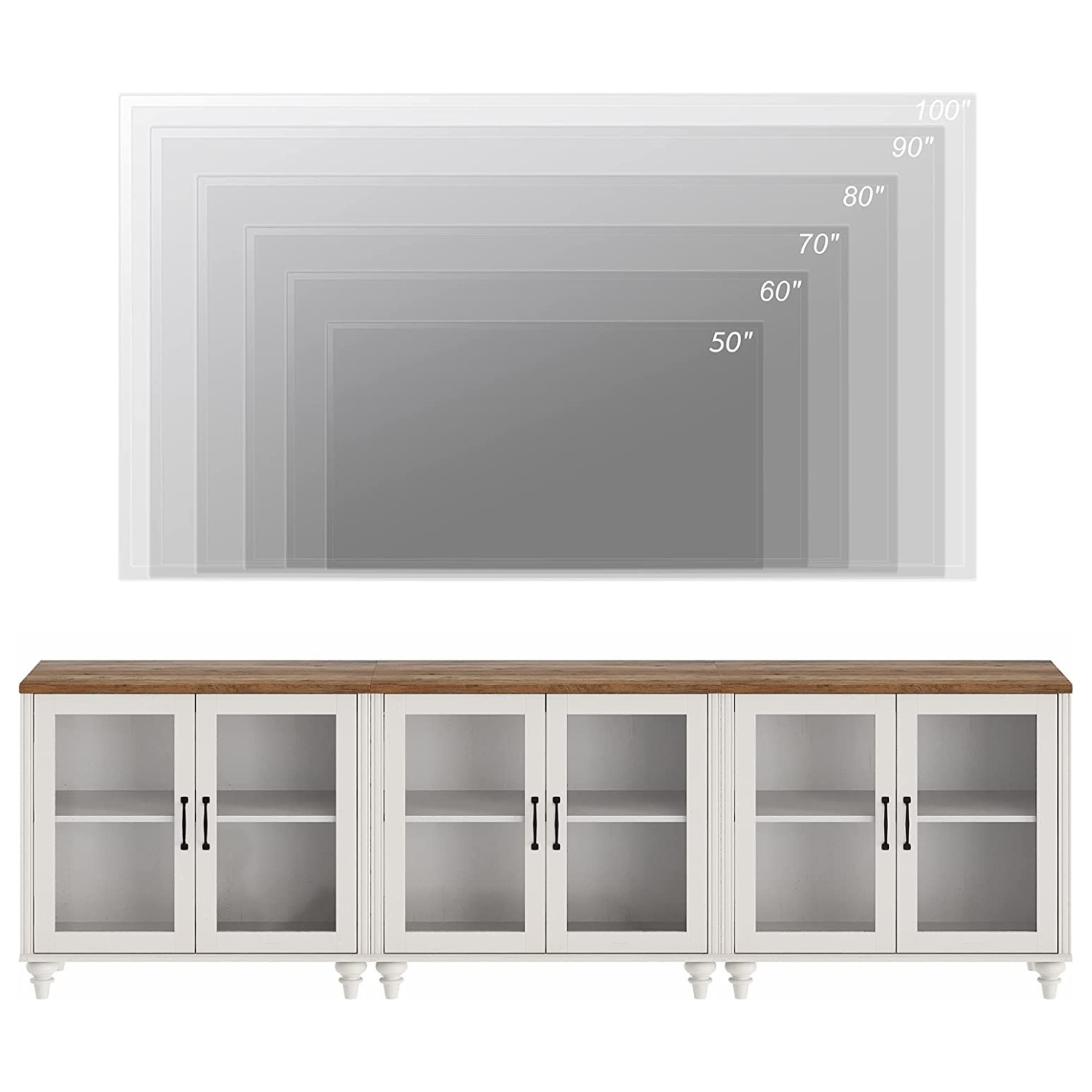 WAMPAT 101" LED TV Stand for 75/80/85 Inch TV, 3-in-1 Kitchen Cupboard Buffet Cabinet with Glass Door for Dining Room & Living Room, Off White