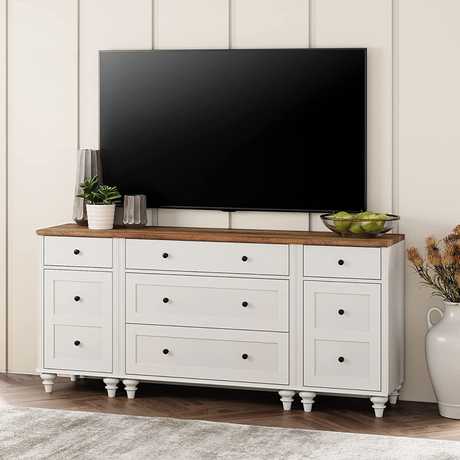 WAMPAT 67" Modern TV Stand for 75 Inch TV, Wood Dresser with 5 Drawers and 2 Doors, Nightstands with Charging Station for Living Room, Off White