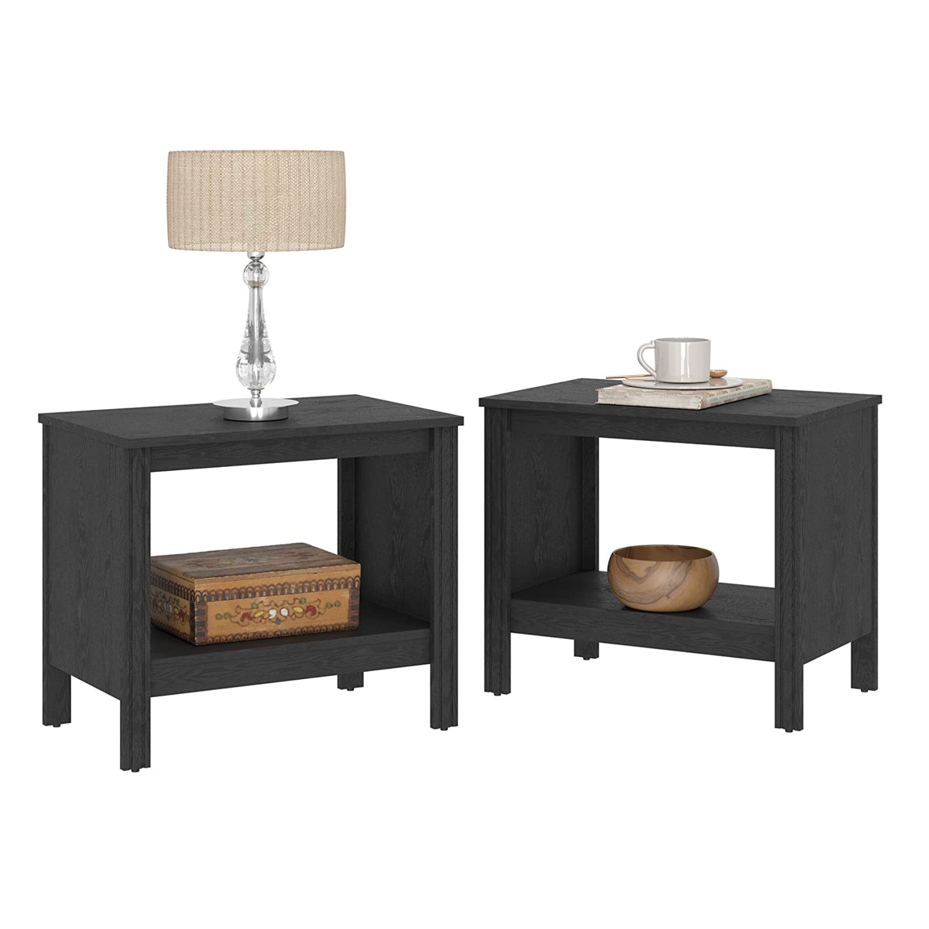 WAMPAT Set of 2 Side Table Small End Table for Bedroom, Wood Nightstand with Storage for Living Room, Office, Black