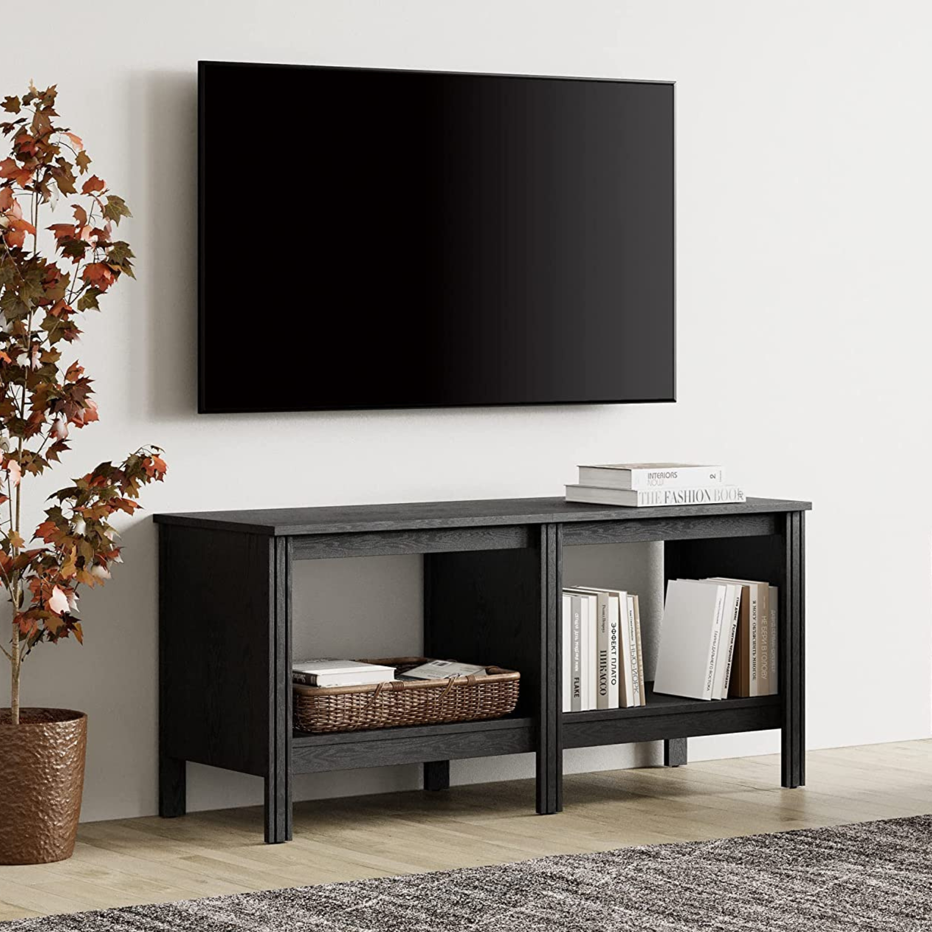 WAMPAT 47.2" Classic TV Stand for 55 Inch TV Entertainment Center, Wood TV Console Media Table with 2 Cubby Storage for Living Room Bedroom, Black