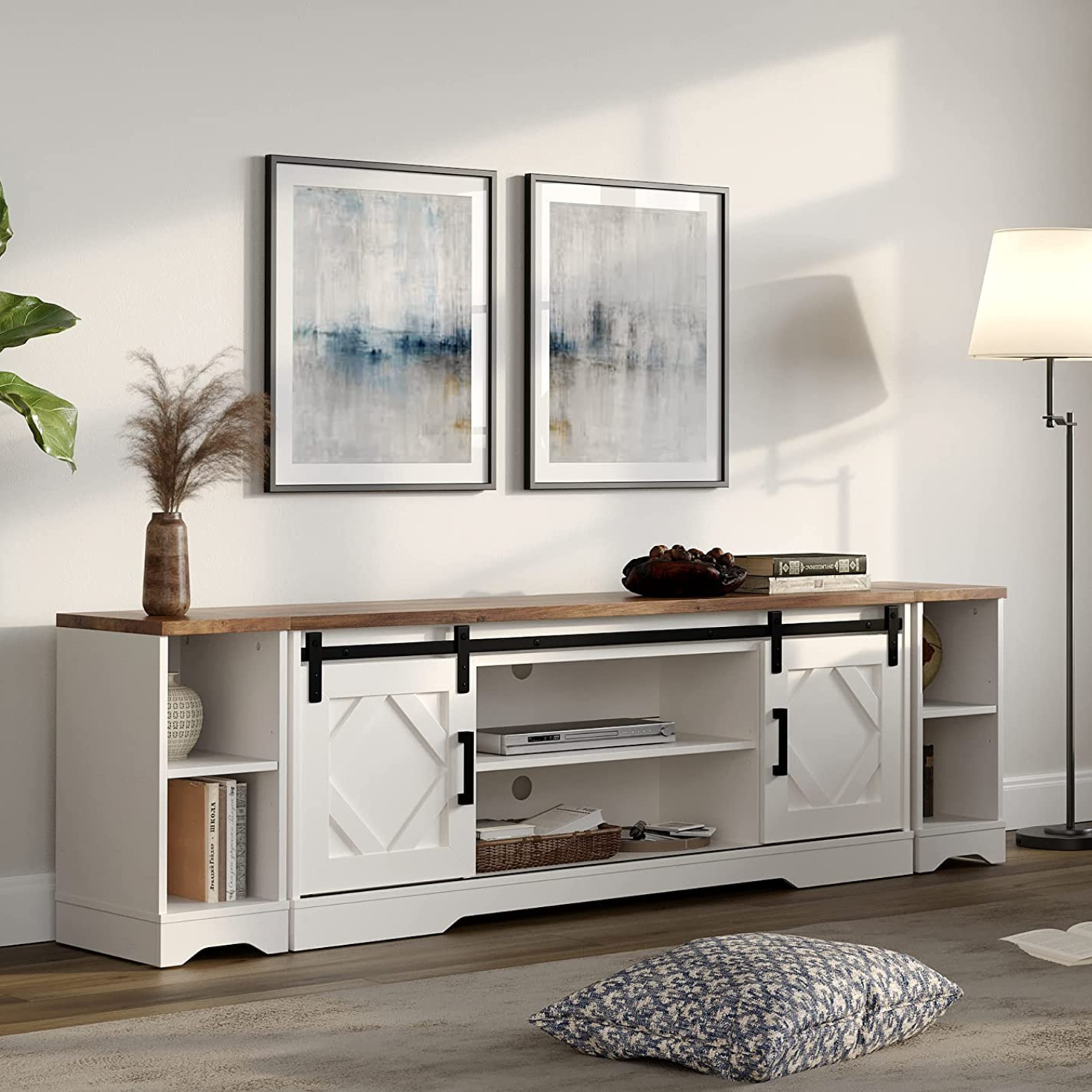 WAMPAT Modern Farmhouse TV Stand for up to 85" TVs Wood Entertainment Center with Open Storage for Living Room, Cream White