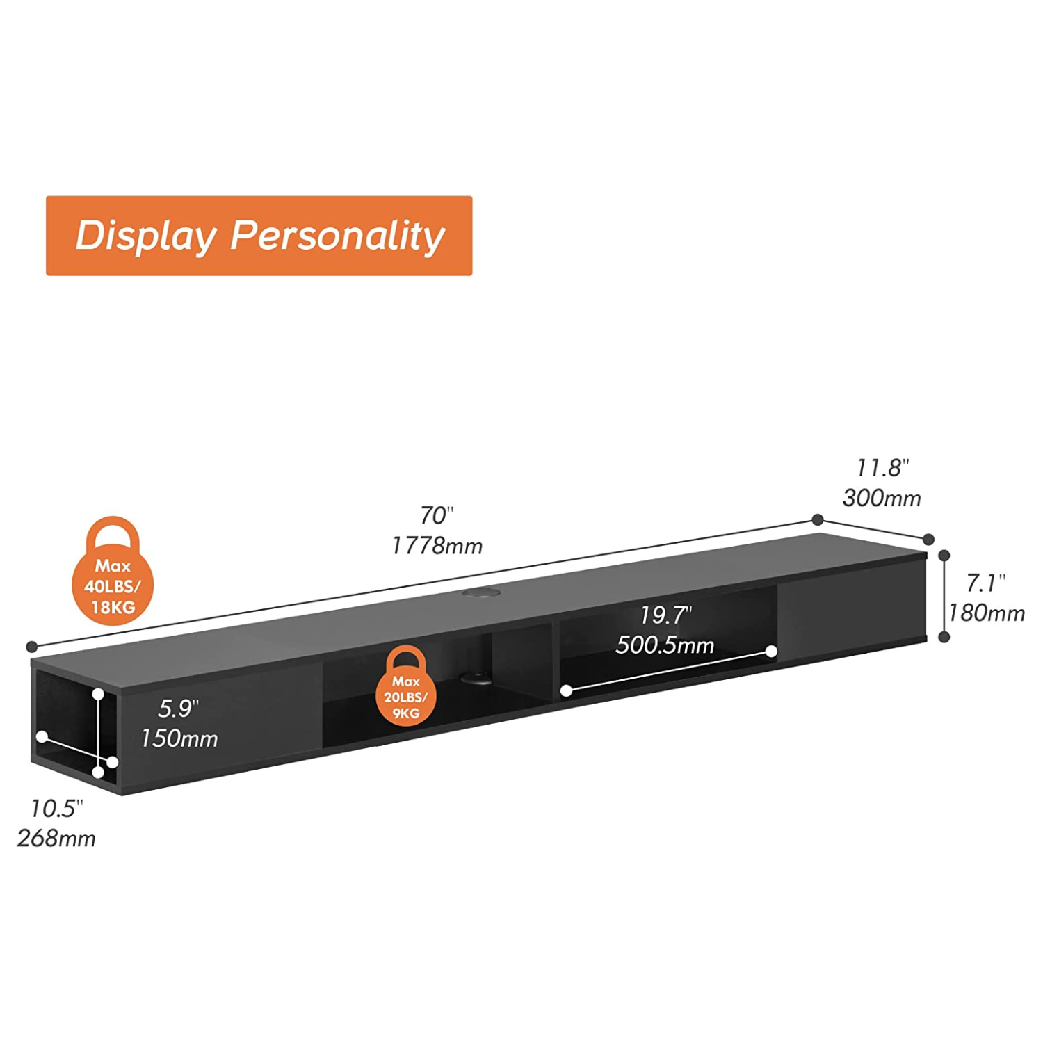 WAMPAT 70" Floating TV Shelf with 16-Color LED Light, Floating TV Stand Wall Mounted with Storage Space for 75 inch TV, Black