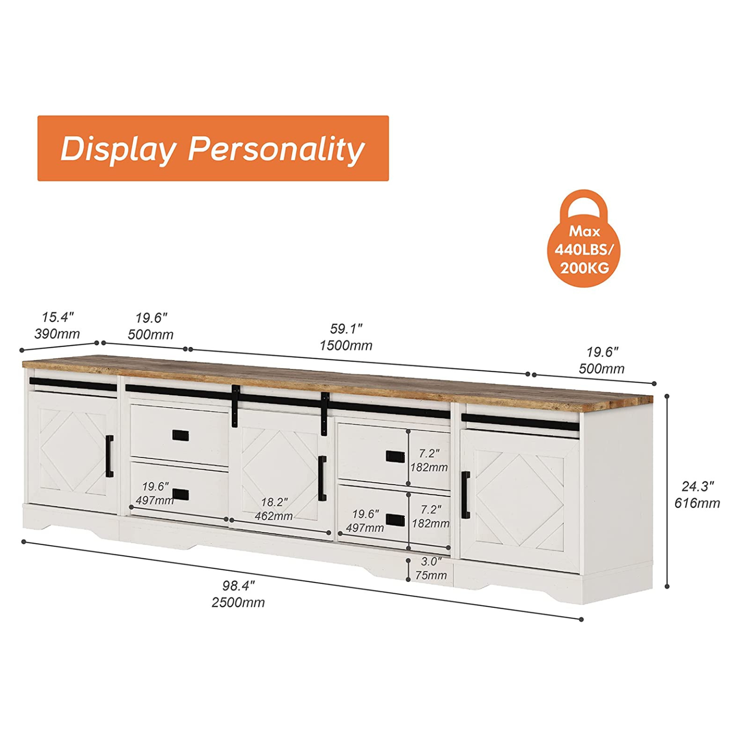 WAMPAT 98" Farmhouse TV Stand for up to 110" TVs Wood TV Cabinet with Drawers and Adjustable Shelf for Living Room, Cream White