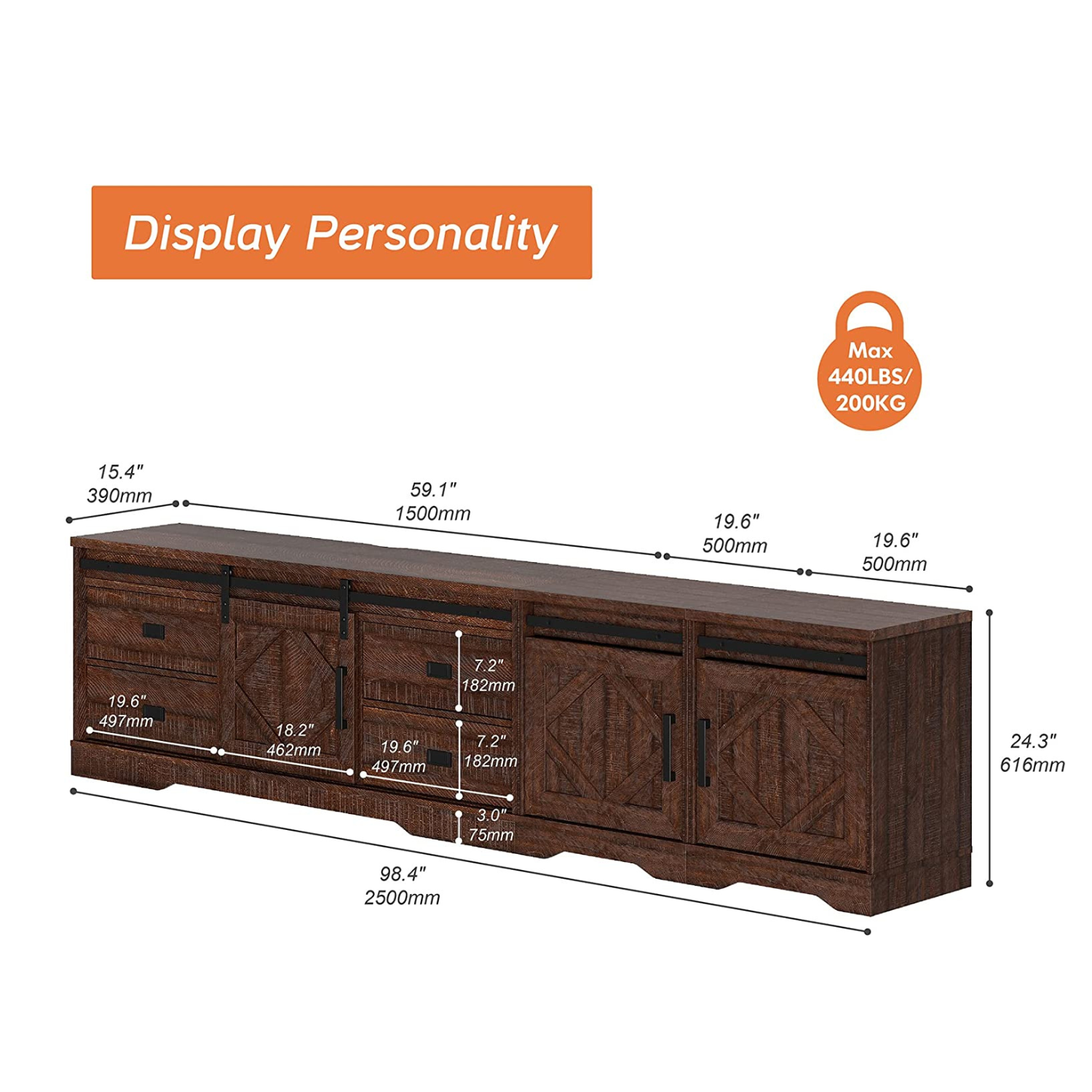 WAMPAT 98" Farmhouse TV Stand for up to 110" TVs Wood TV Cabinet with Drawers and Adjustable Shelf for Living Room, Rustic Brown