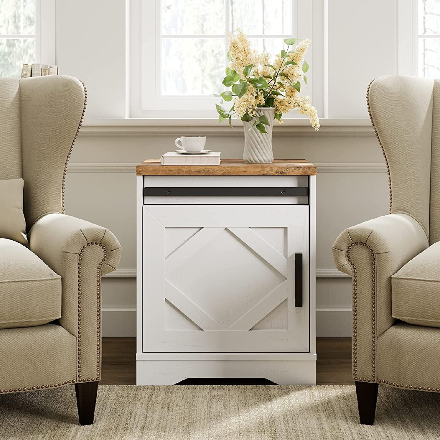 WAMPAT 19.6" End Table, Pedestal Side Table with Drawer and Cabinet Wood Bedside Table Nightstands for Living Room Bedroom, Cream White