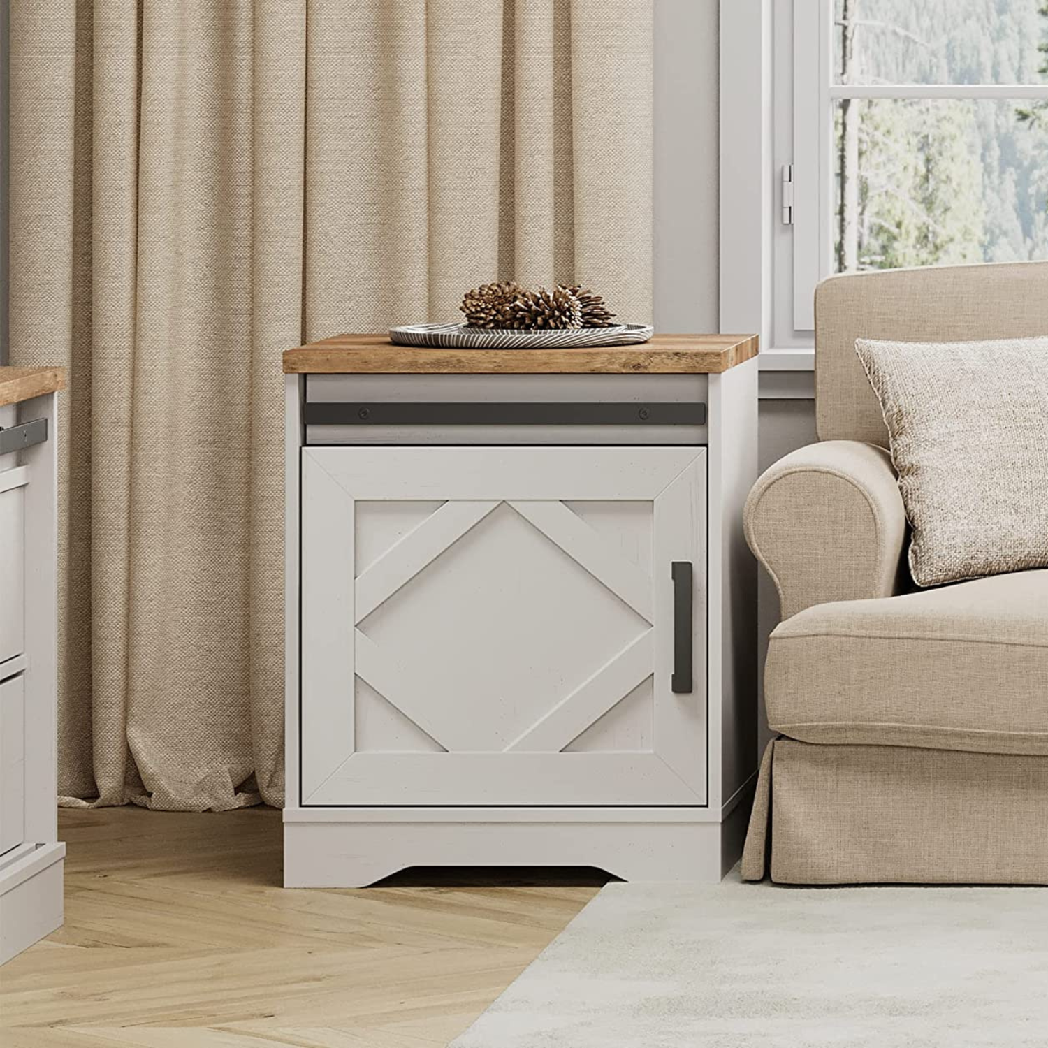 WAMPAT 19.6" End Table, Pedestal Side Table with Drawer and Cabinet Wood Bedside Table Nightstands for Living Room Bedroom, Cream White