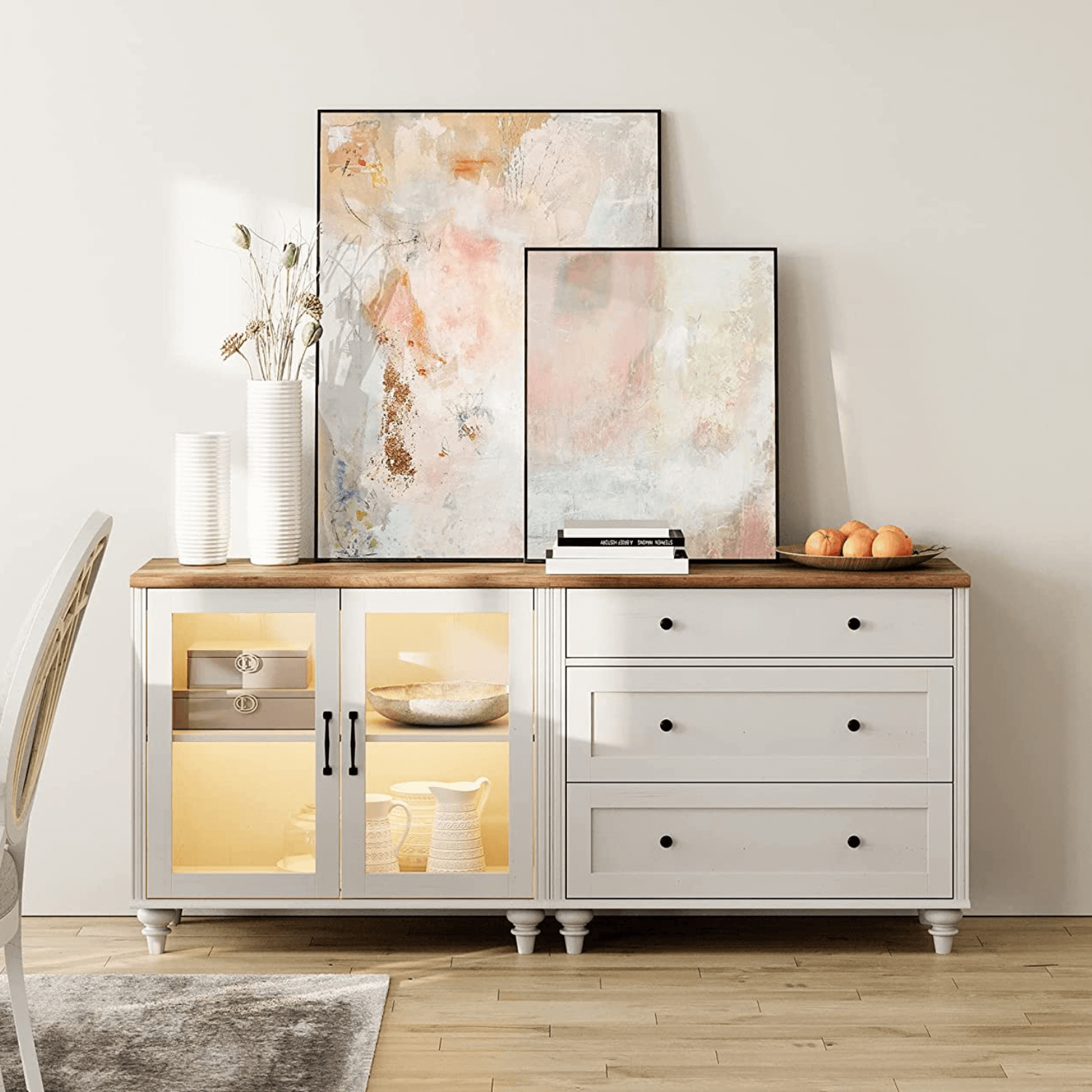 WAMPAT 68" LED Kitchen Buffet Cabinet with Storage Cabinet & 3 Drawers, Accent Sideboard Cupboard with Adjustable Shelf, White