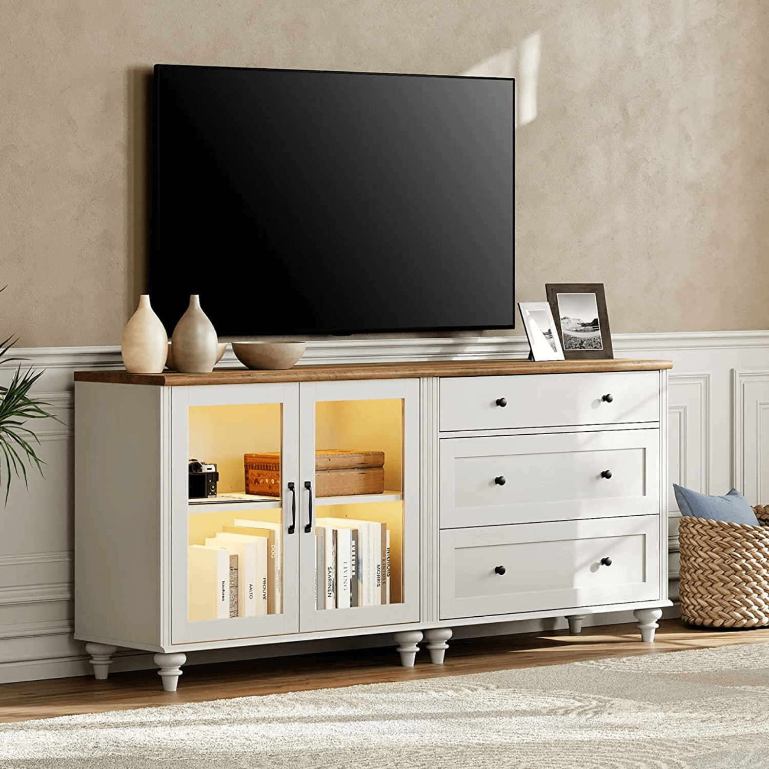 WAMPAT 68" LED Kitchen Buffet Cabinet with Storage Cabinet & 3 Drawers, Accent Sideboard Cupboard with Adjustable Shelf, White