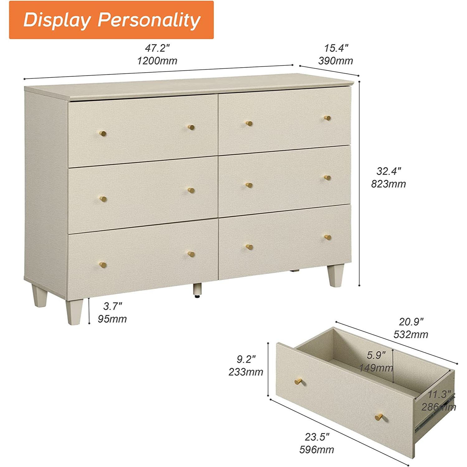 WAMPAT 47" Wooden Wide Chest of Drawers, Modern Closet Storage Organizer Unit, 6 Drawers Dresser for Nursery, Living Room Bedroom, Beige