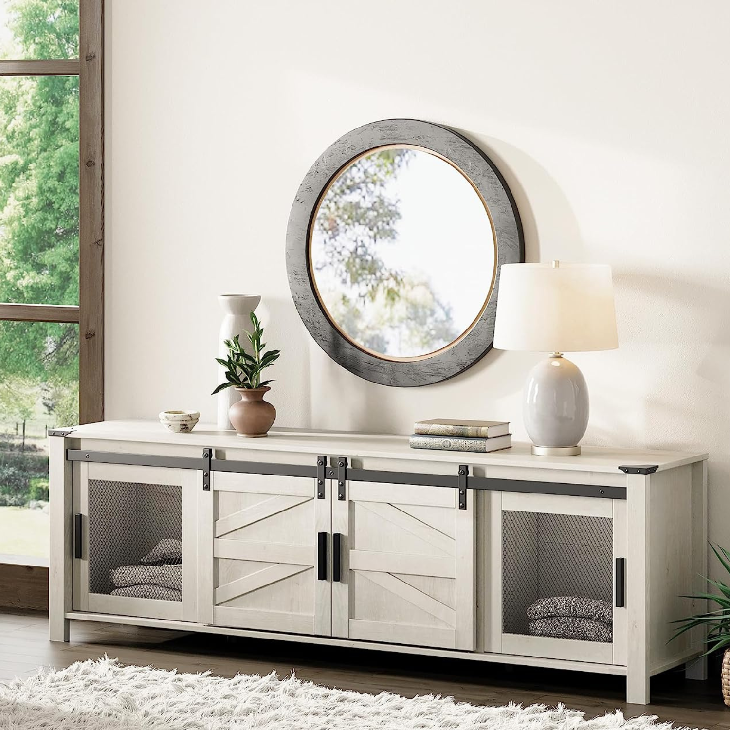WAMPAT 70" Farmhouse TV Stand for up to 75 inch TV, Antique White