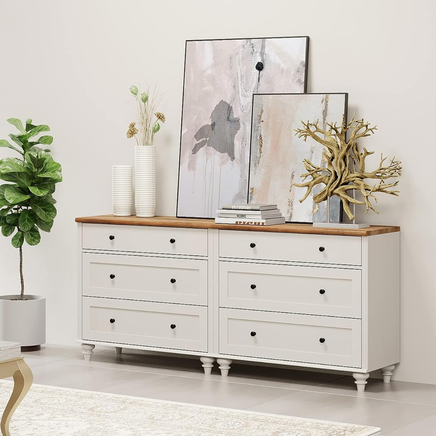 WAMPAT 67" Dresser for Bedroom with 6 Drawers, White Kids Dressers with Wide Chest of Drawers for Living Room, Nursery, Hallway