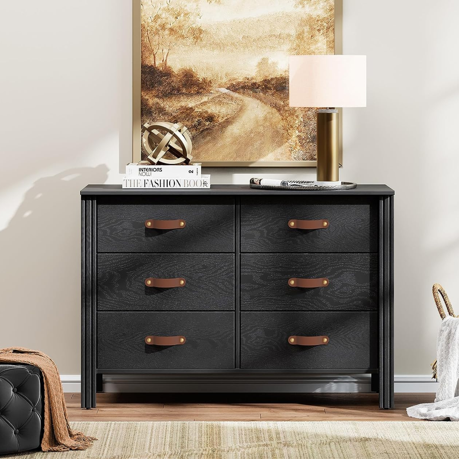 WAMPAT Dresser TV Stand, Wood Entertainment Center with 6 Fabric Drawers, Chest of Drawers for Living Room, Bedroom, Hallway