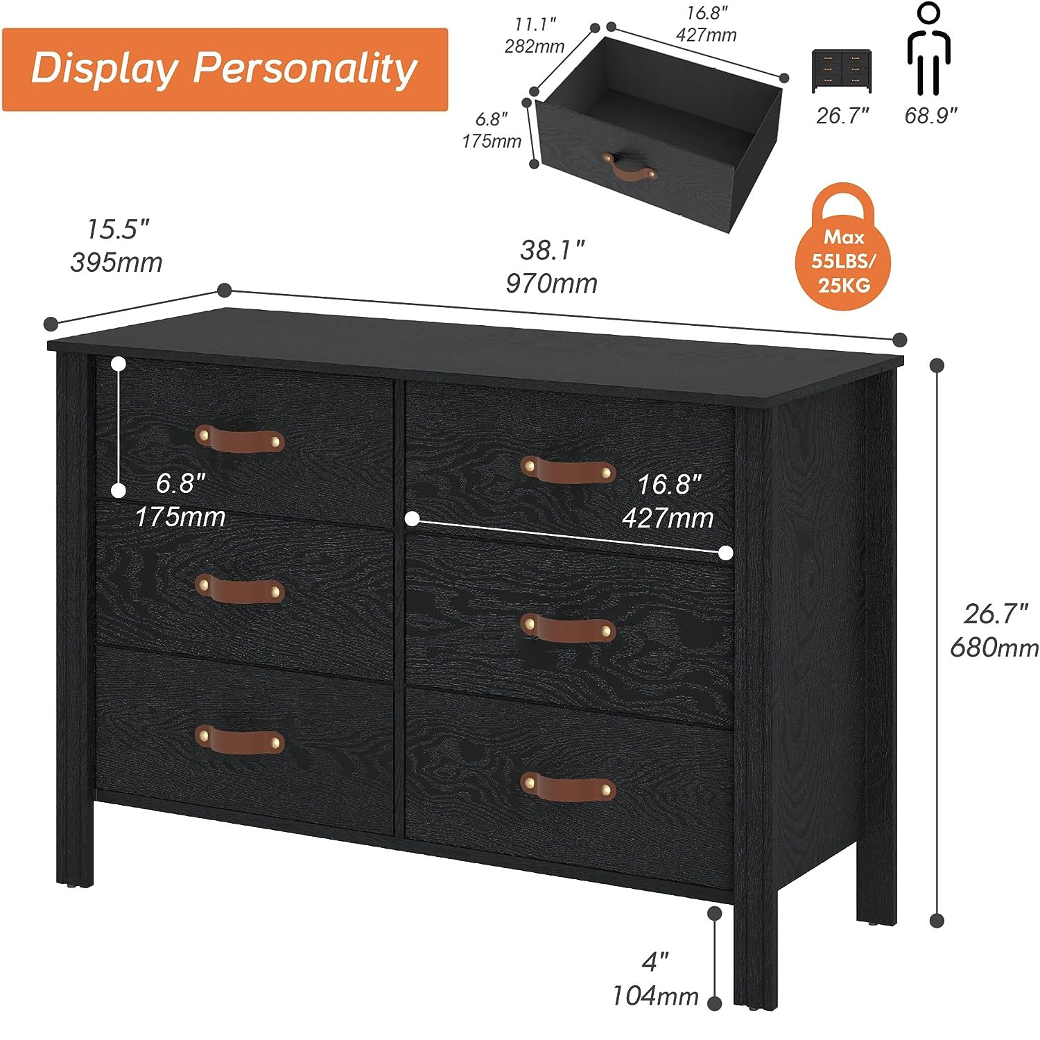 WAMPAT Dresser TV Stand, Wood Entertainment Center with 6 Fabric Drawers, Chest of Drawers for Living Room, Bedroom, Hallway